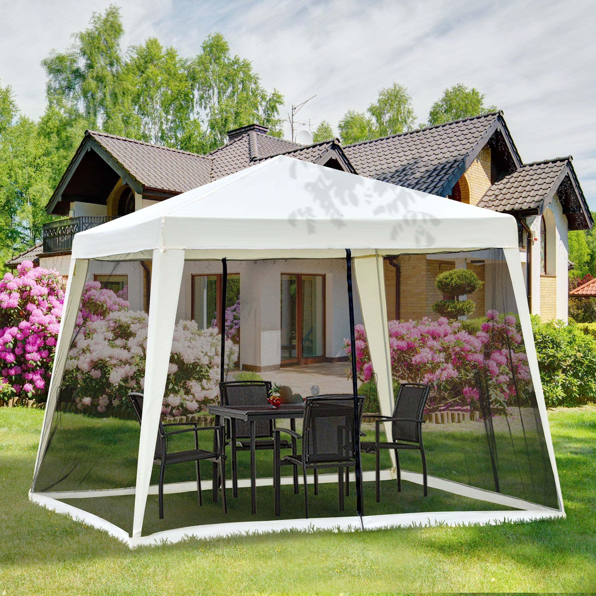Garden Pavilion Gazebo Party Tent Weatherproof Tent with Mosquito Net Metal + Polyester Cream White 3 x 3 m