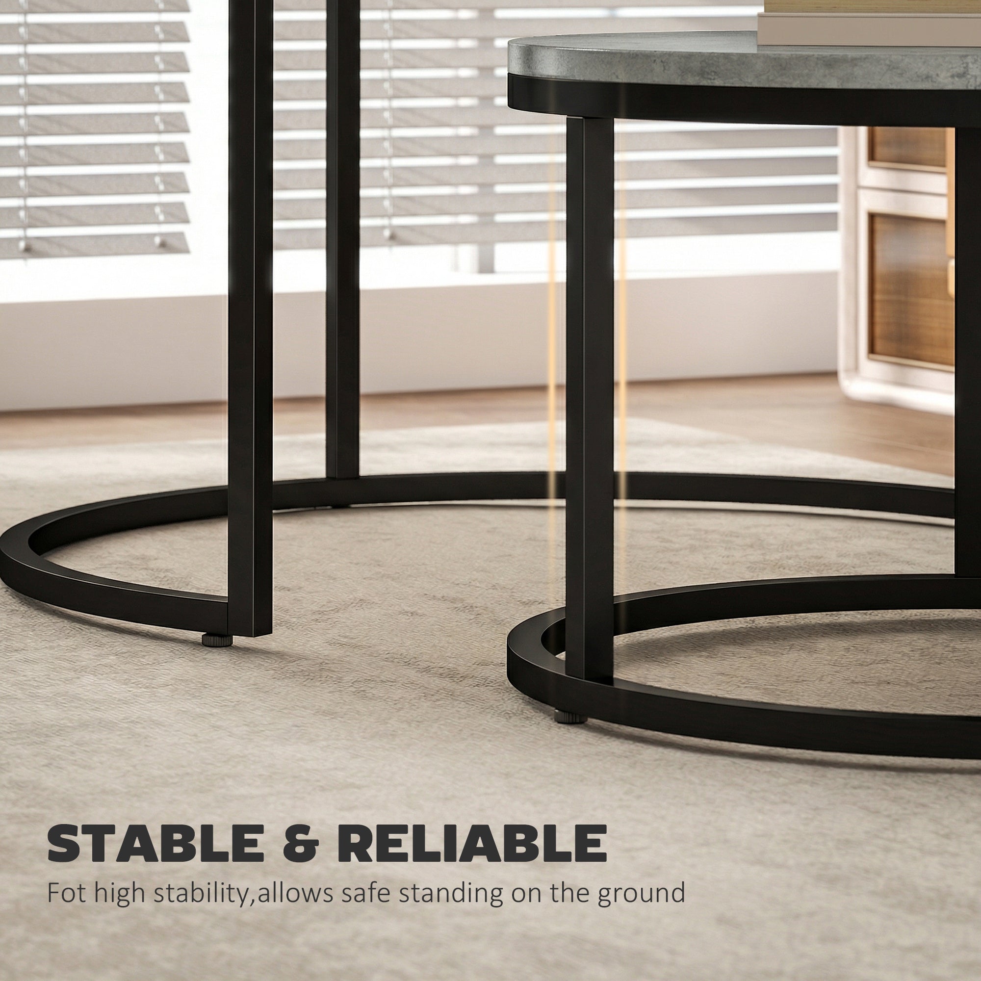 2-Piece Round Nesting Coffee Table Set, Cement-Look Top with Metal Frame — 30.9 x 30.9 x 18.3 in (78.5 x 78.5 x 46.5 cm), Gray