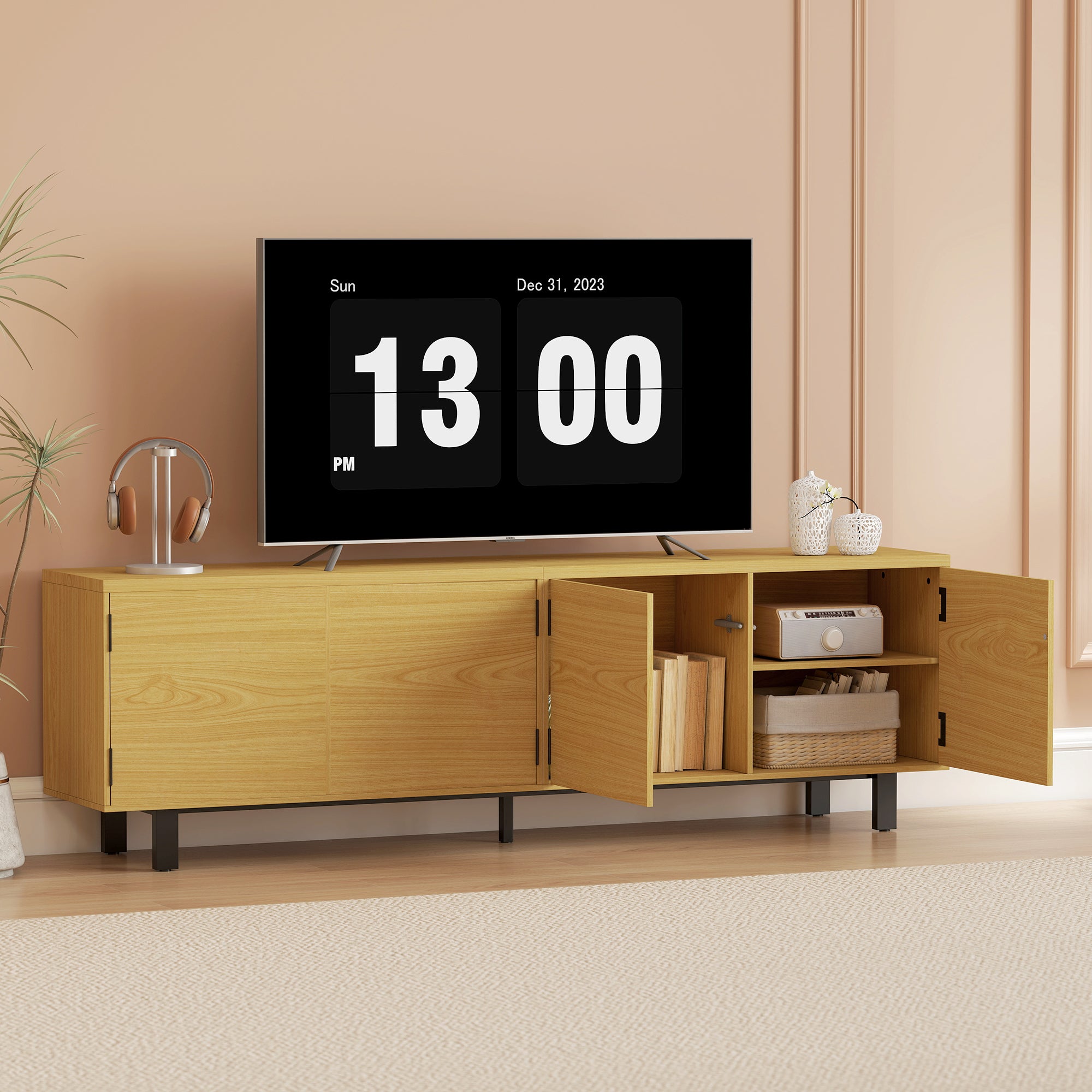 71 in (180 cm) TV Stand — Natural Wood Effect Cabinet for TVs up to 82 in, 4 Push-to-Open Doors