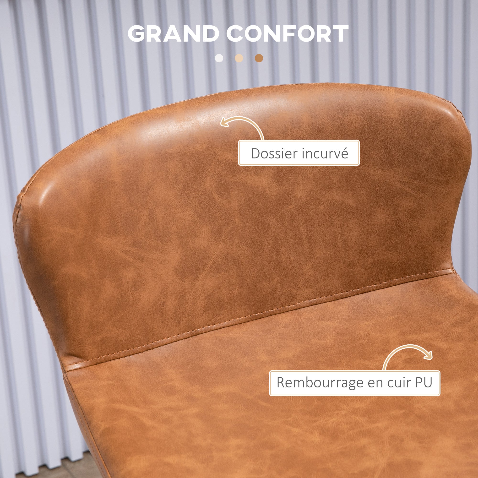 Set of 2 bar stools with faux leather seat, 76 cm height with steel footrest and vintage design backrest - brown