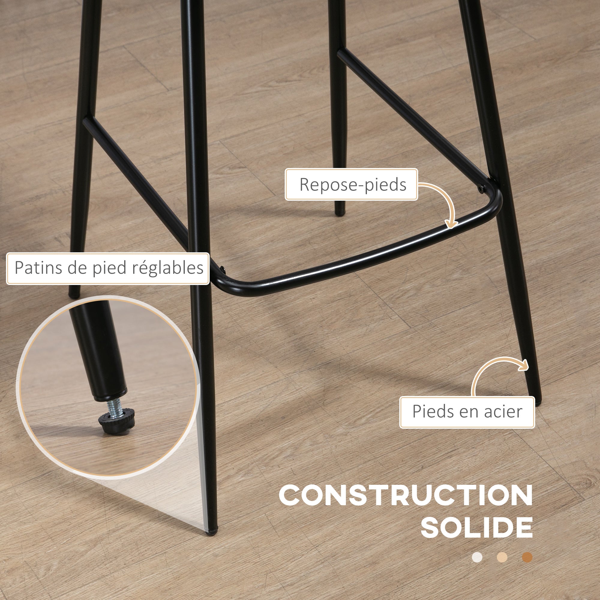 Set of 2 bar stools with faux leather seat, 76 cm height with steel footrest and vintage design backrest - brown