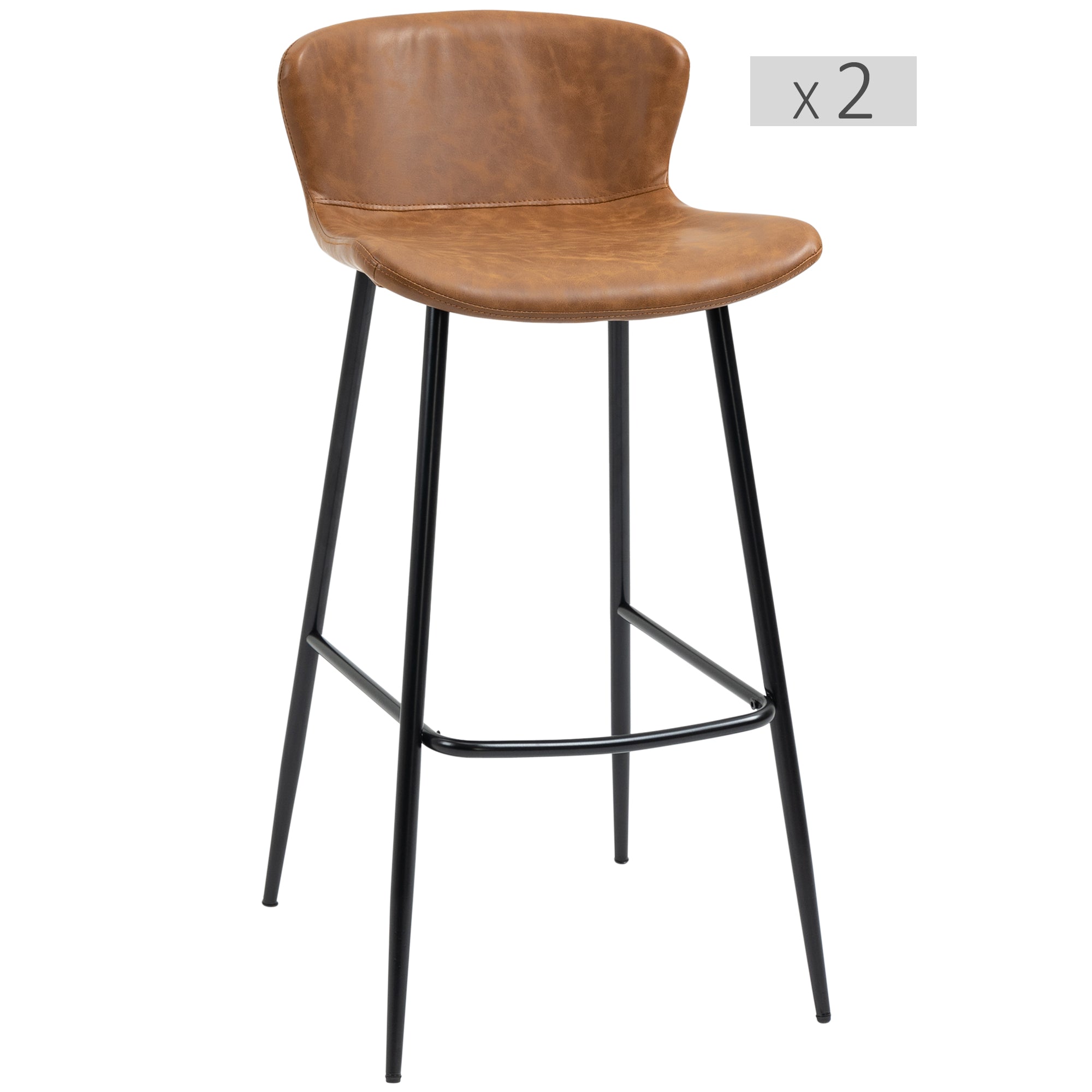 Set of 2 bar stools with faux leather seat, 76 cm height with steel footrest and vintage design backrest - brown