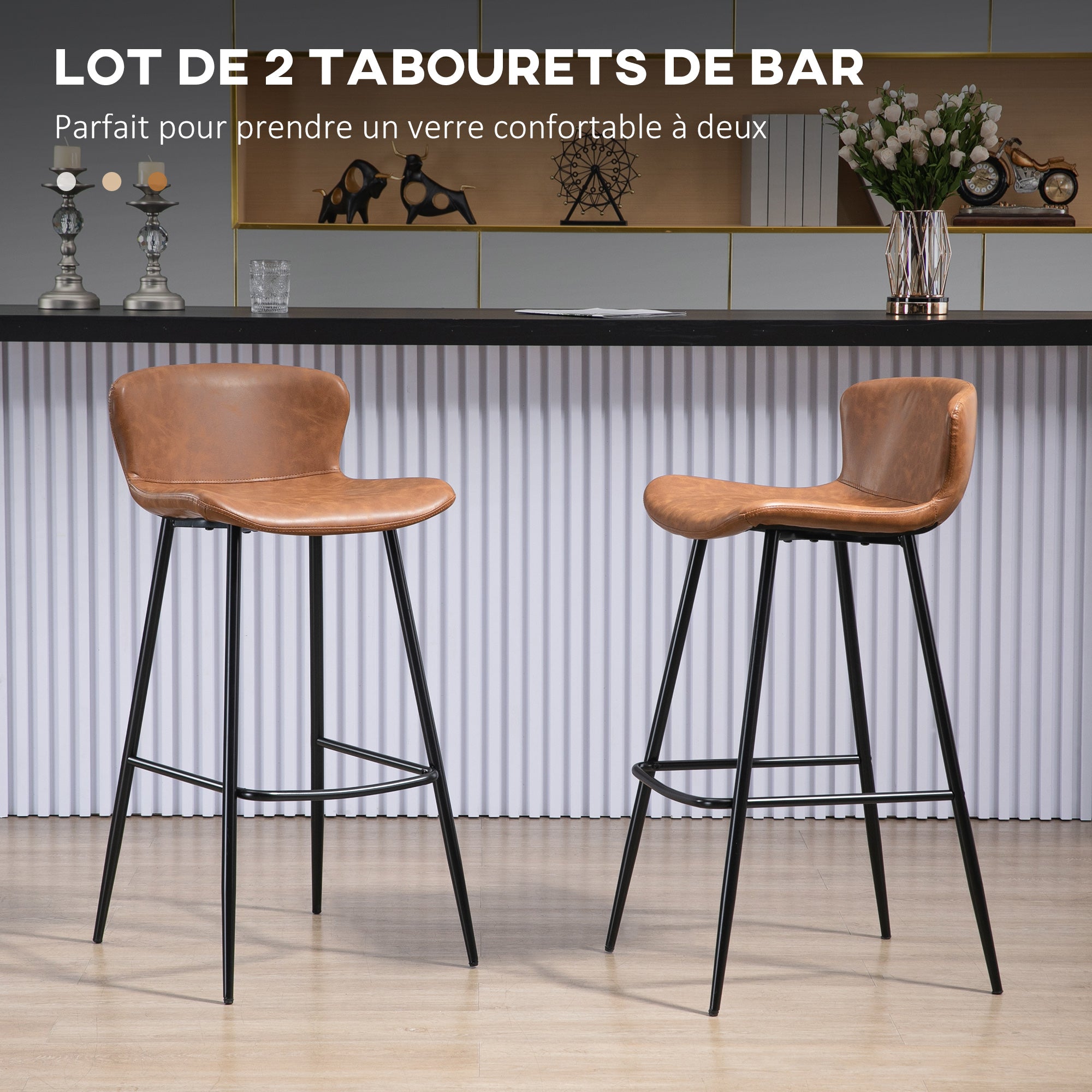 Set of 2 bar stools with faux leather seat, 76 cm height with steel footrest and vintage design backrest - brown