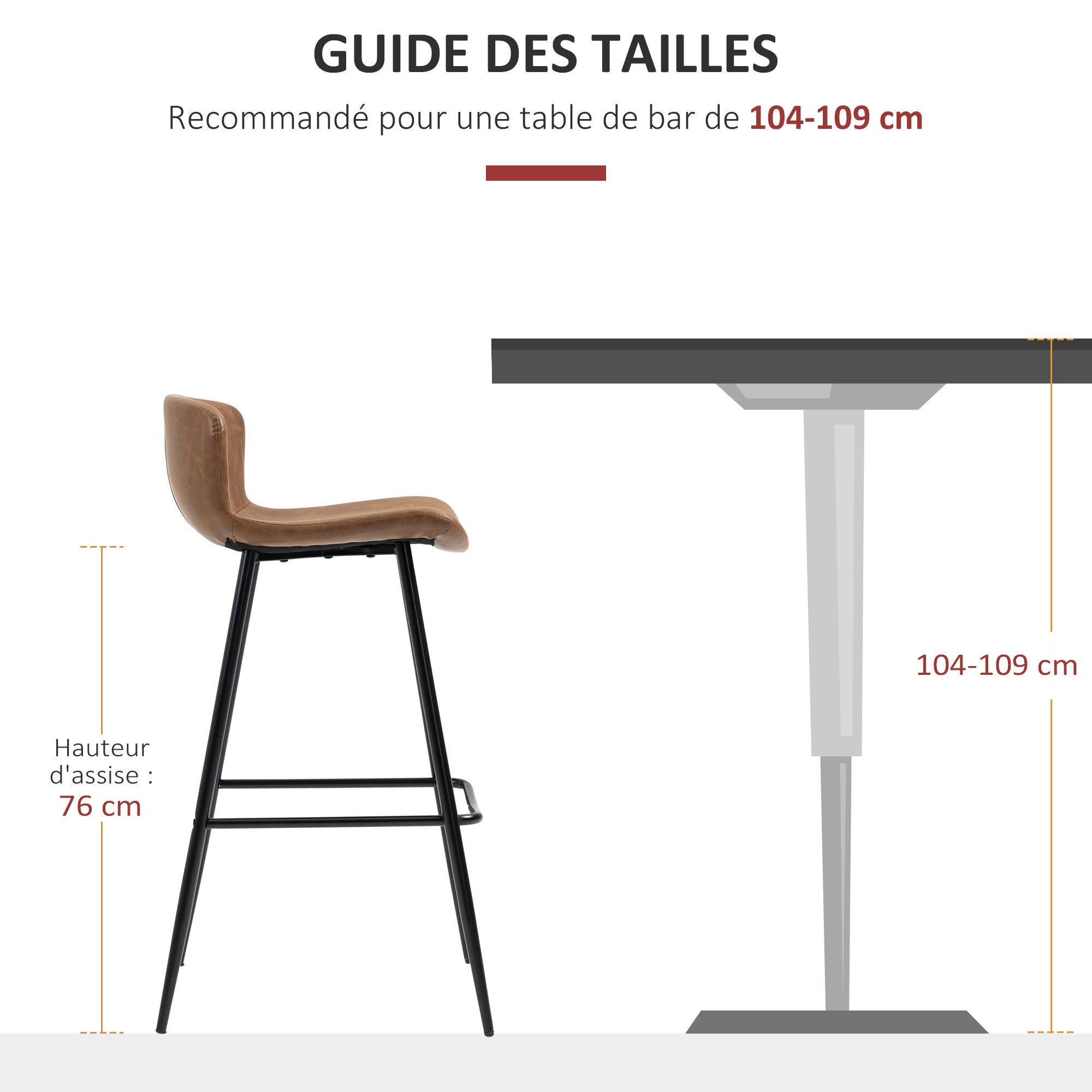 Set of 2 bar stools with faux leather seat, 76 cm height with steel footrest and vintage design backrest - brown
