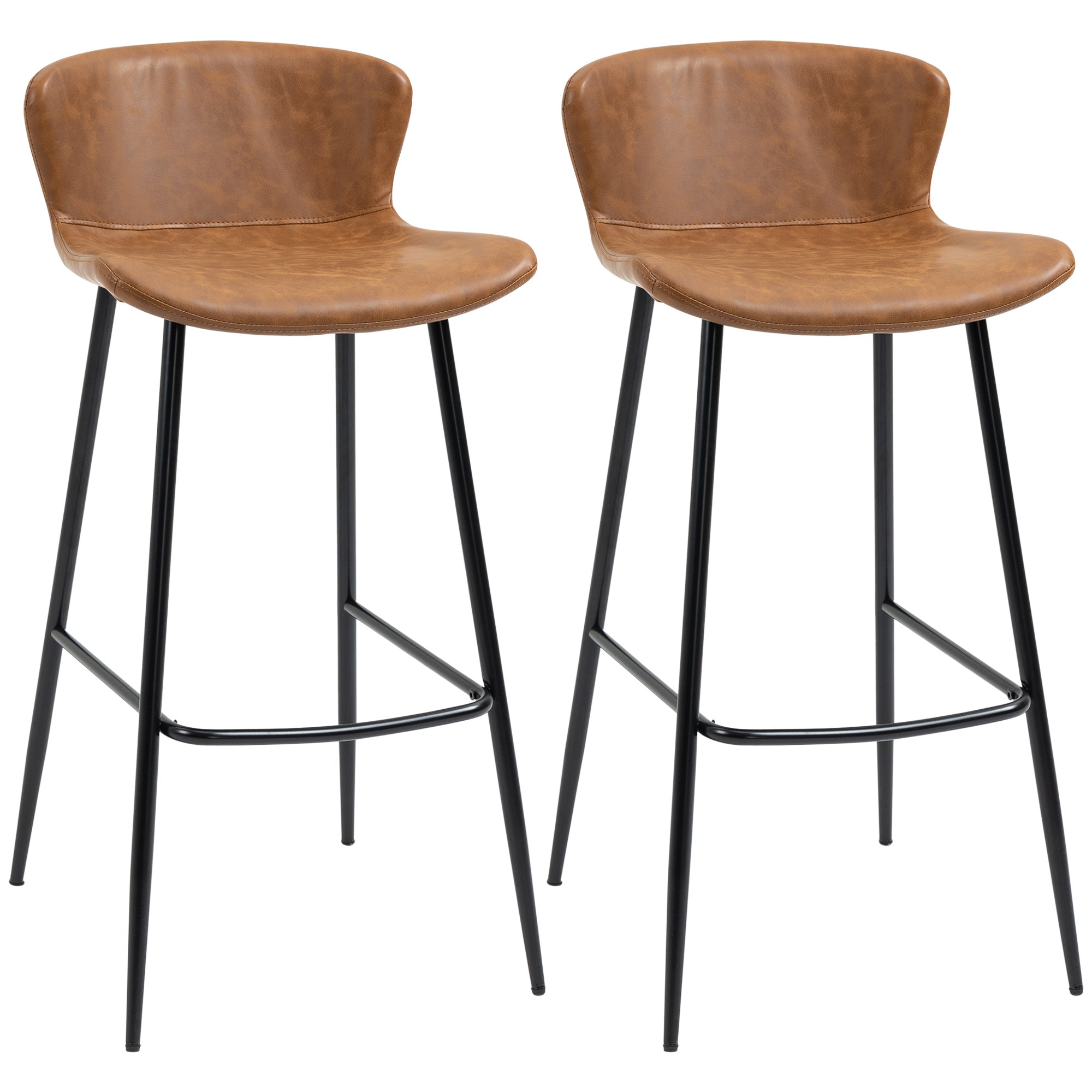 Set of 2 bar stools with faux leather seat, 76 cm height with steel footrest and vintage design backrest - brown