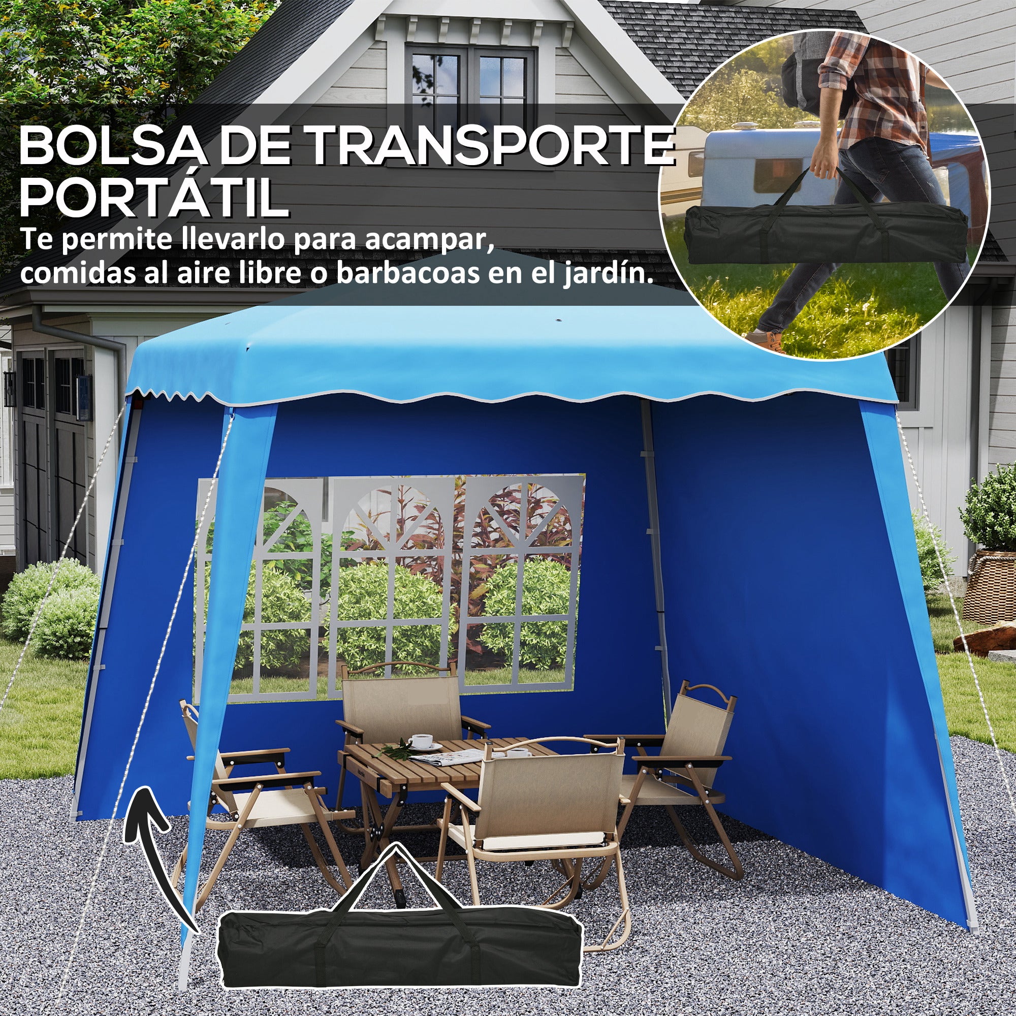 Pop-up Foldable Canopy 3x3 m Garden Gazebo with 2 Side Walls Adjustable Height and Transport Bag UV50+ Waterproof Canopy for Camping Parties Outdoor Blue
