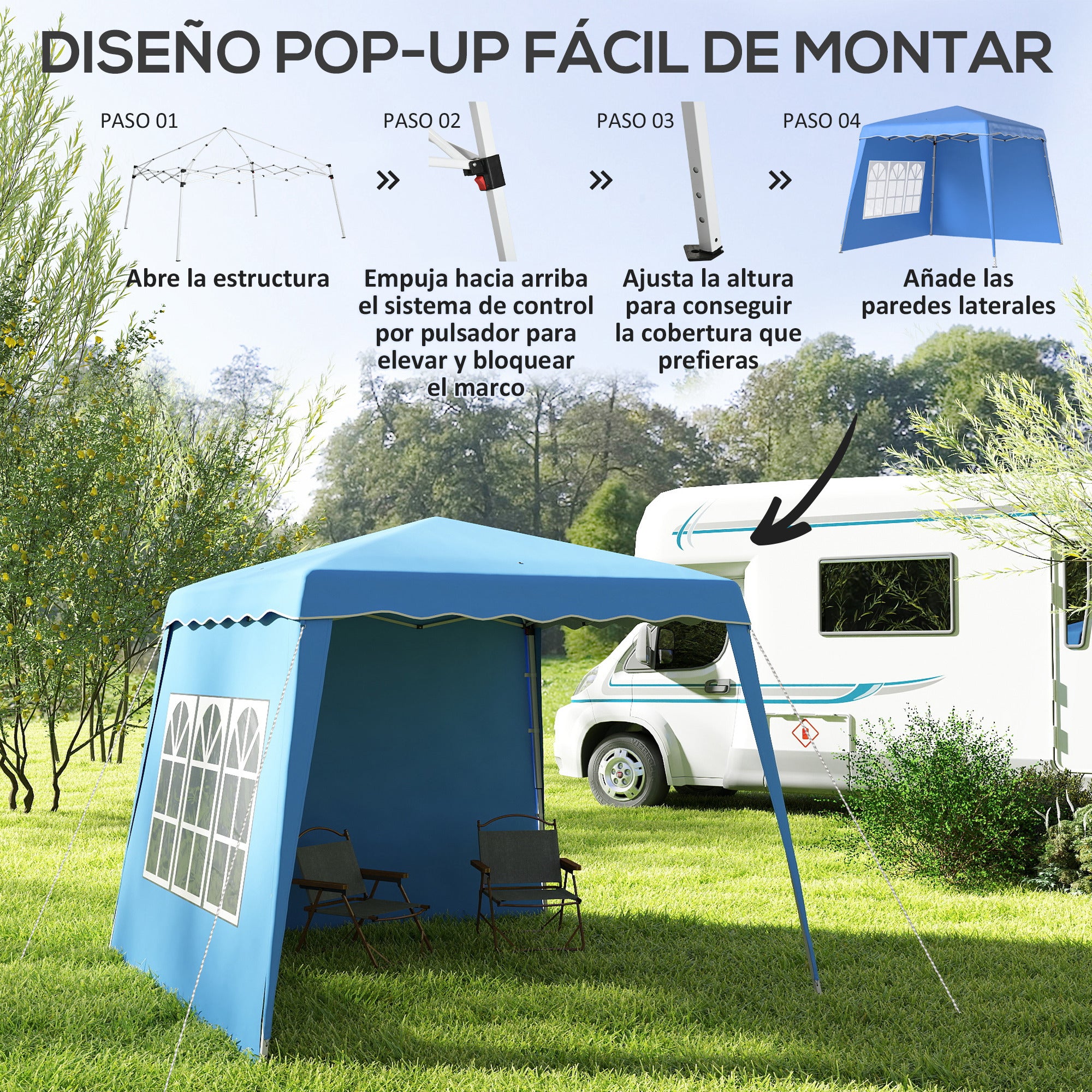 Pop-up Foldable Canopy 3x3 m Garden Gazebo with 2 Side Walls Adjustable Height and Transport Bag UV50+ Waterproof Canopy for Camping Parties Outdoor Blue