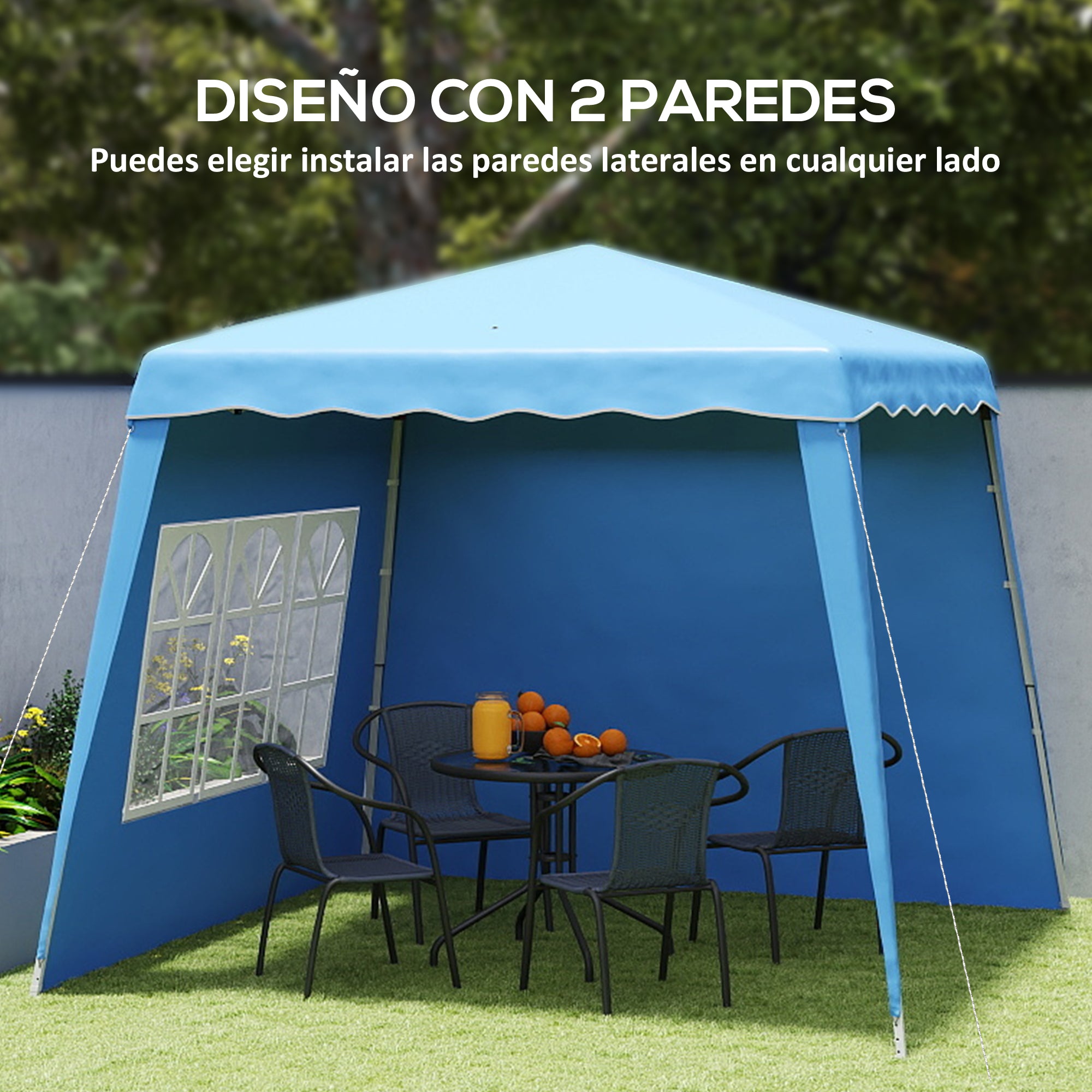 Pop-up Foldable Canopy 3x3 m Garden Gazebo with 2 Side Walls Adjustable Height and Transport Bag UV50+ Waterproof Canopy for Camping Parties Outdoor Blue