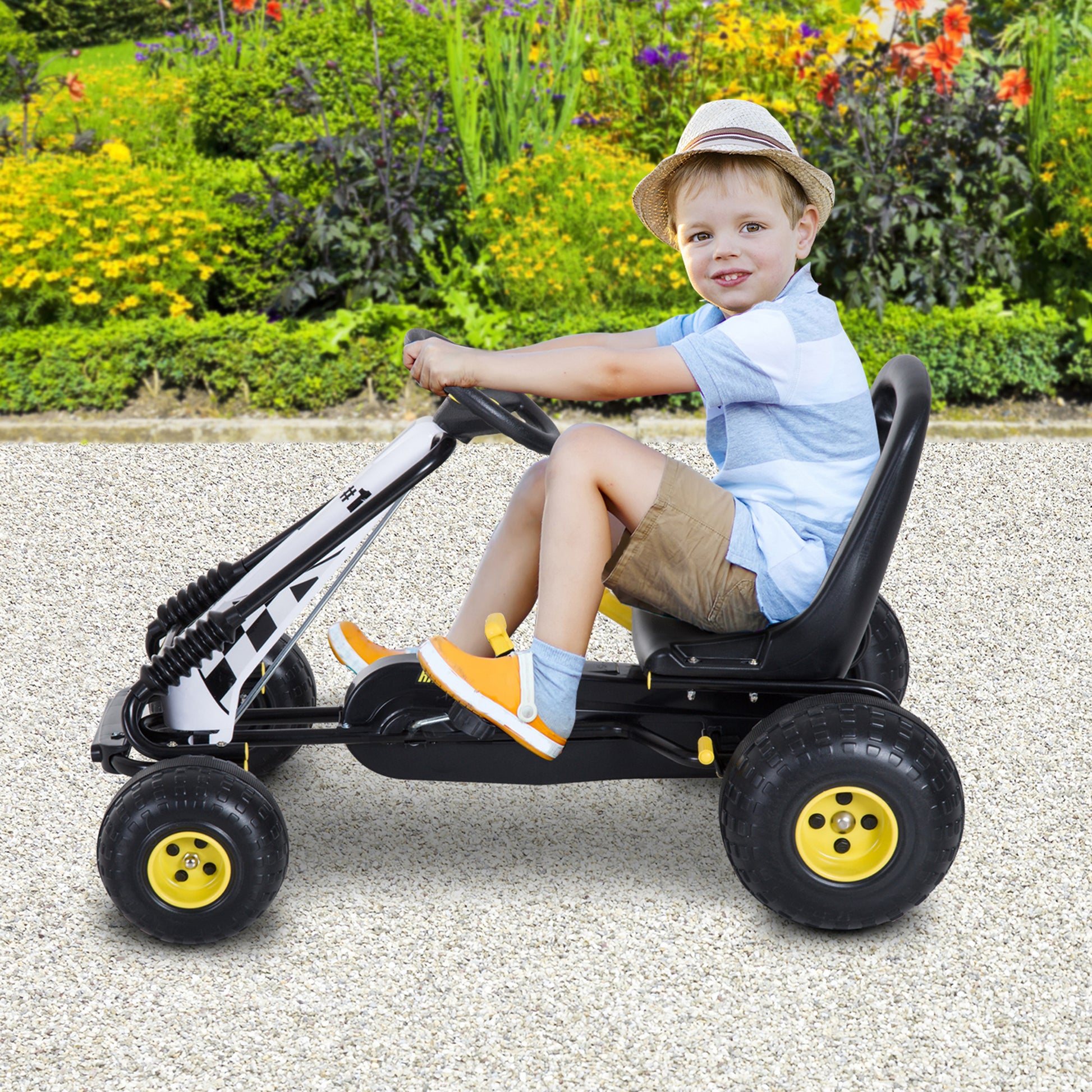 Kids Pedal Go Kart with Adjustable Seat, Brake, and Clutch, 95x66.5x57cm, White Black