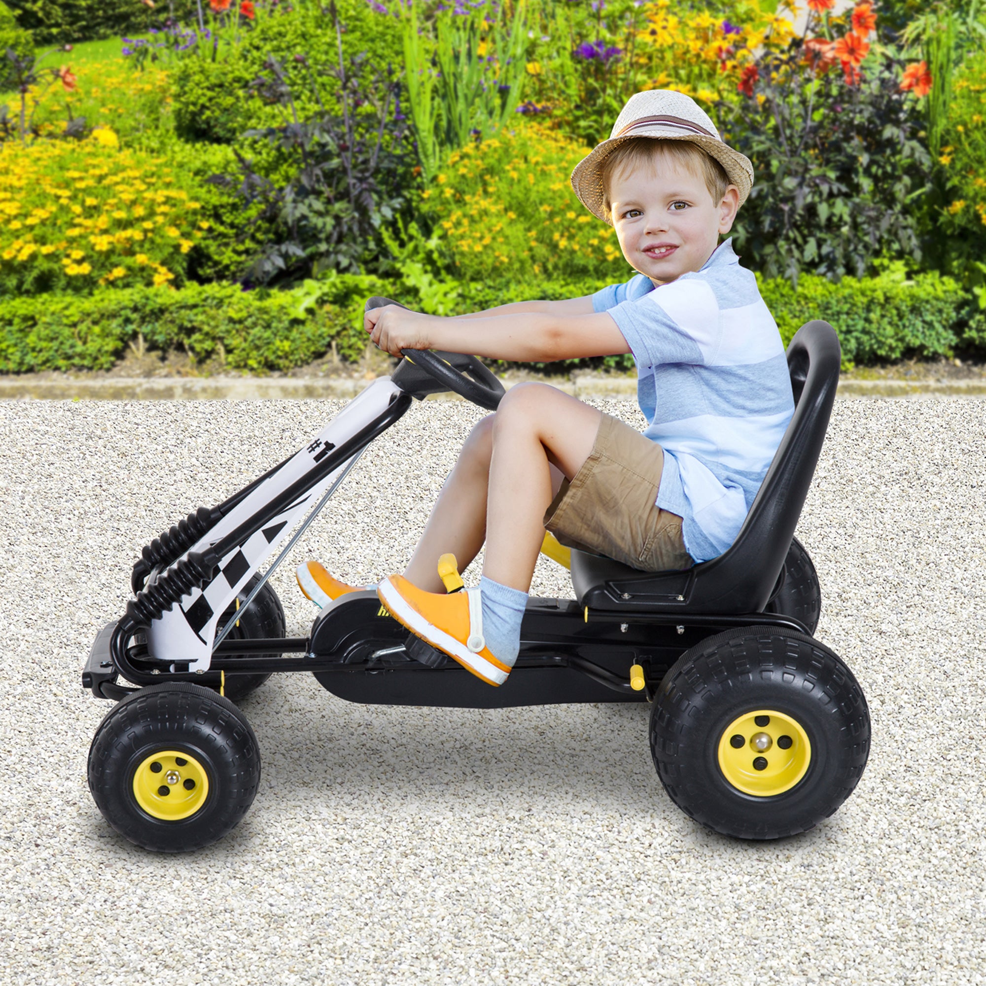 Kids Pedal Go Kart with Adjustable Seat, Brake, and Clutch, 95x66.5x57cm, White Black