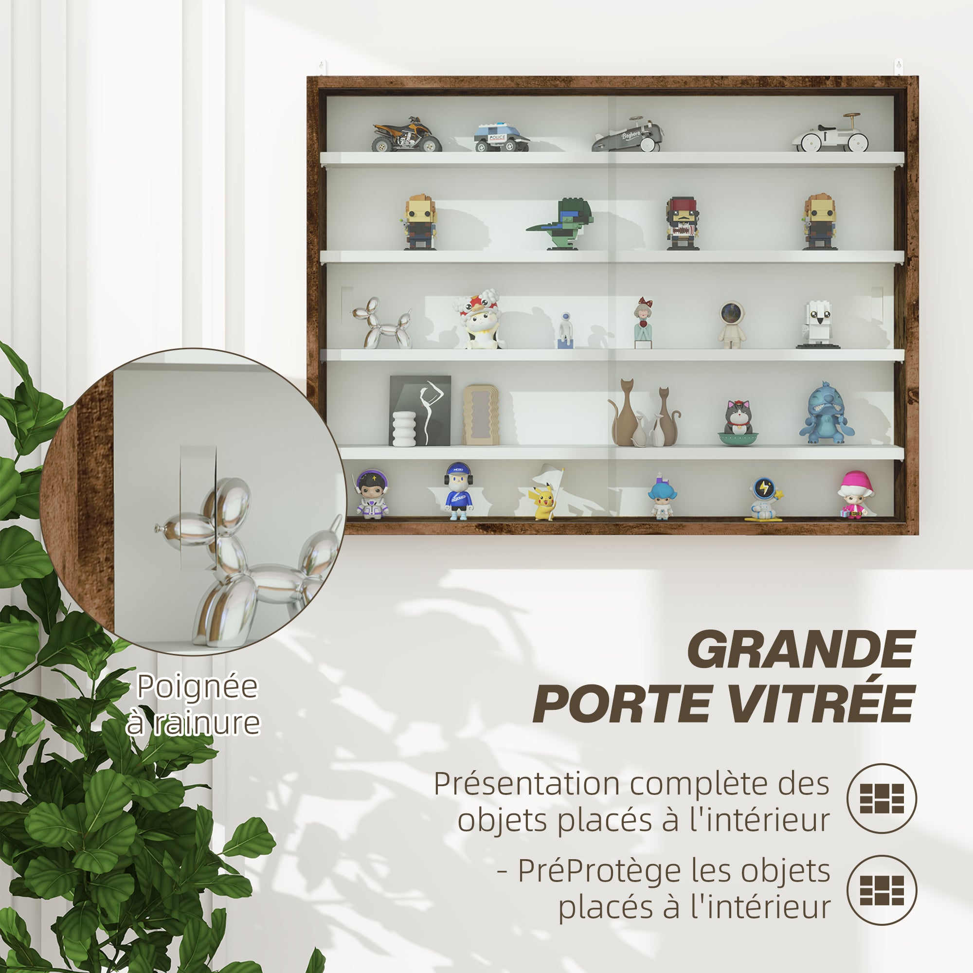 Collection Showcase Wall Cabinet 80 x 9.5 x 60 cm with 4 Adjustable Height Shelves and 2 Sliding Glass Doors, for Collecting Miniatures and Miniature Cars, Brown