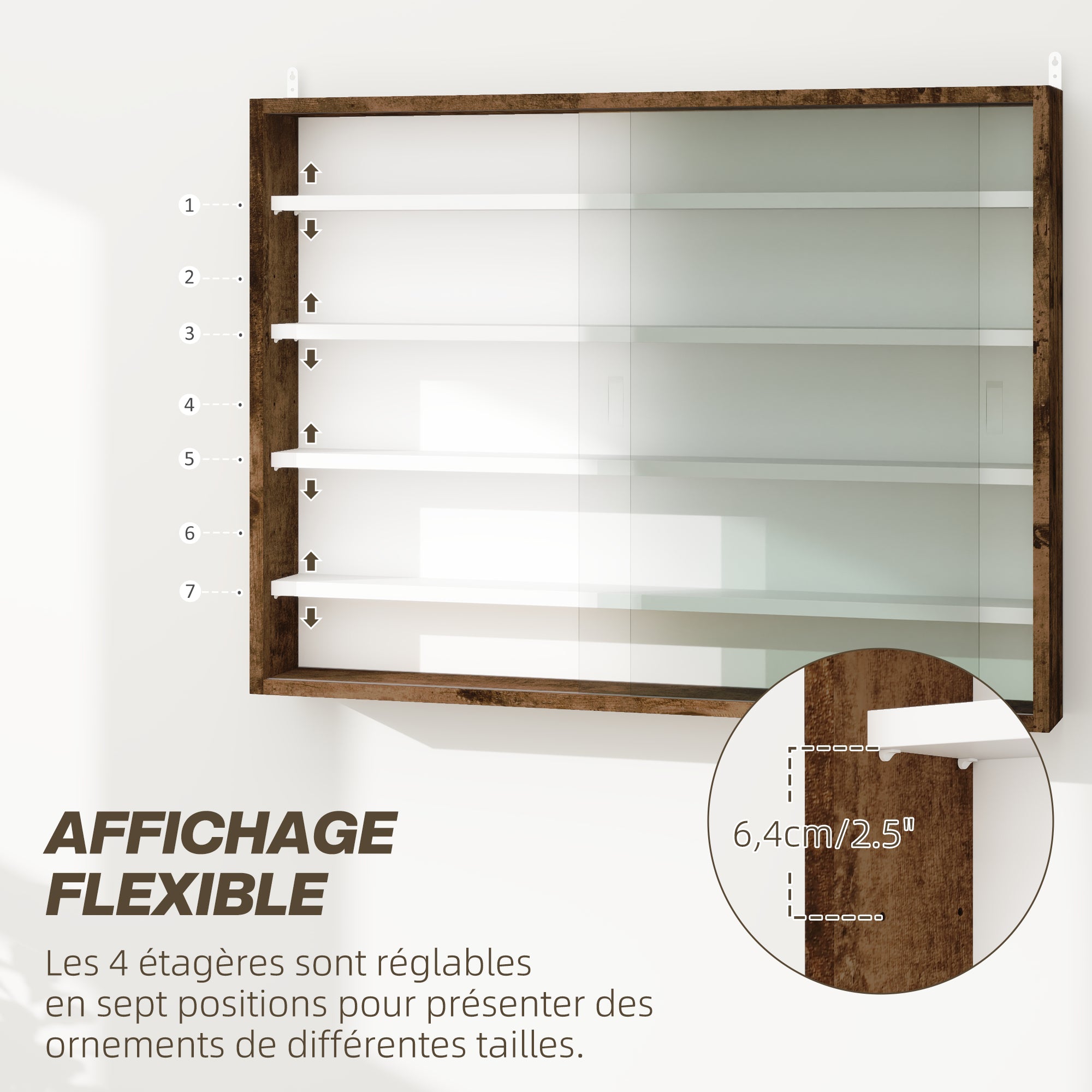 Collection Showcase Wall Cabinet 80 x 9.5 x 60 cm with 4 Adjustable Height Shelves and 2 Sliding Glass Doors, for Collecting Miniatures and Miniature Cars, Brown