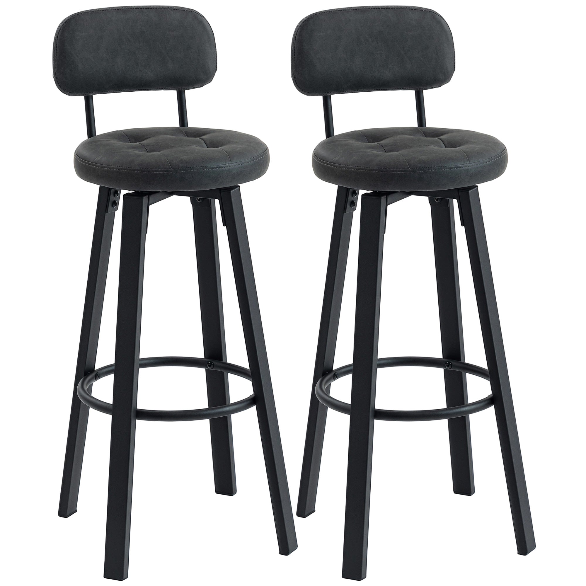 Set of 2 Swivel Bar Stools, PU Upholstery with Backrest, Metal Frame & Footrest — Dark Gray