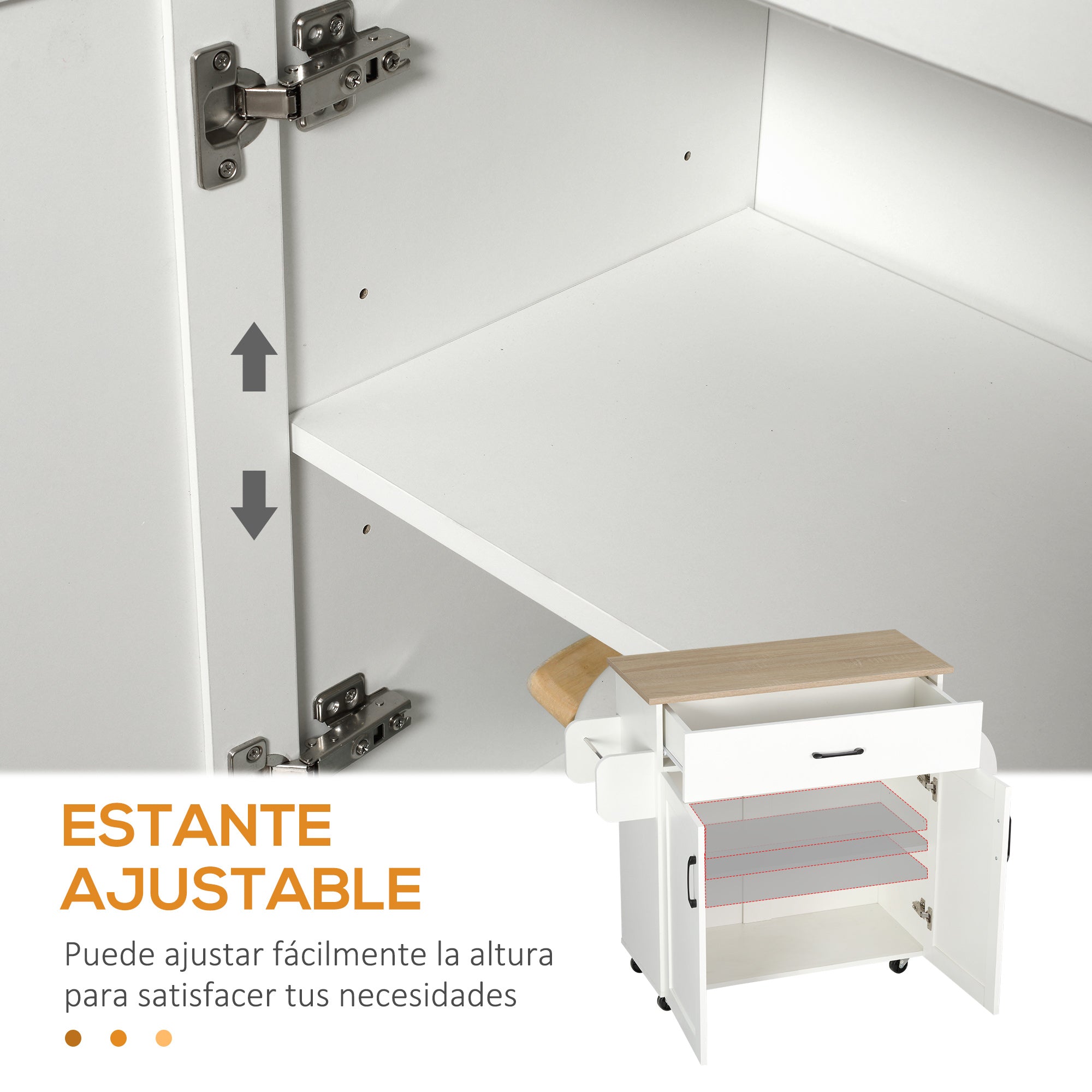 Kitchen Cart with 1 Drawer 2 Doors Towel Rail and Spice Rack Serving Trolley with Wheels for Dining Room Living Room Bar Load 80 kg 105x36x85 cm White