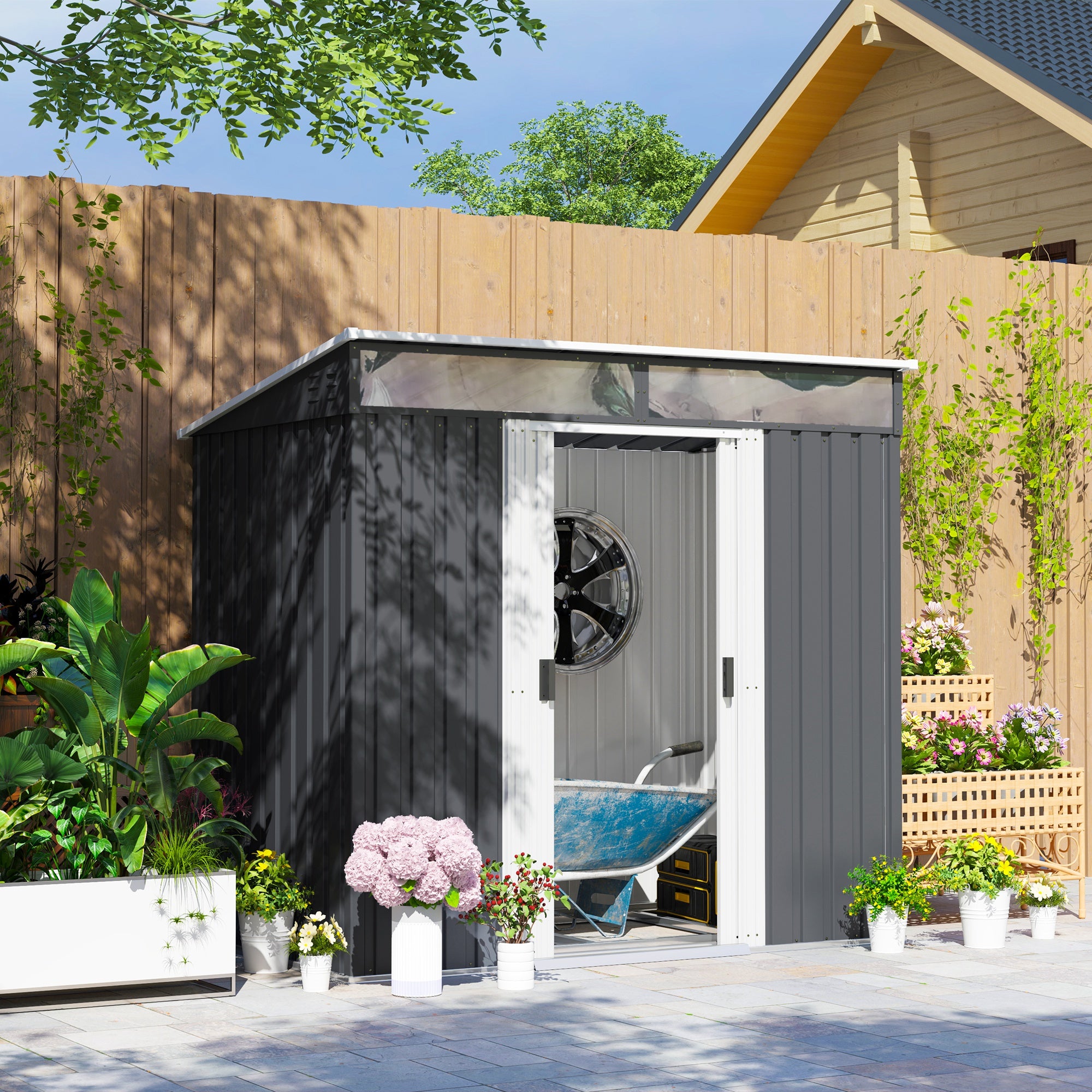 2m² Garden Shed 195x122x181.5 cm Metal Outdoor Shed with Floorless Base Sliding Door 2 Windows and Anti-UV for Storing Tools on Terrace Patio Dark Gray