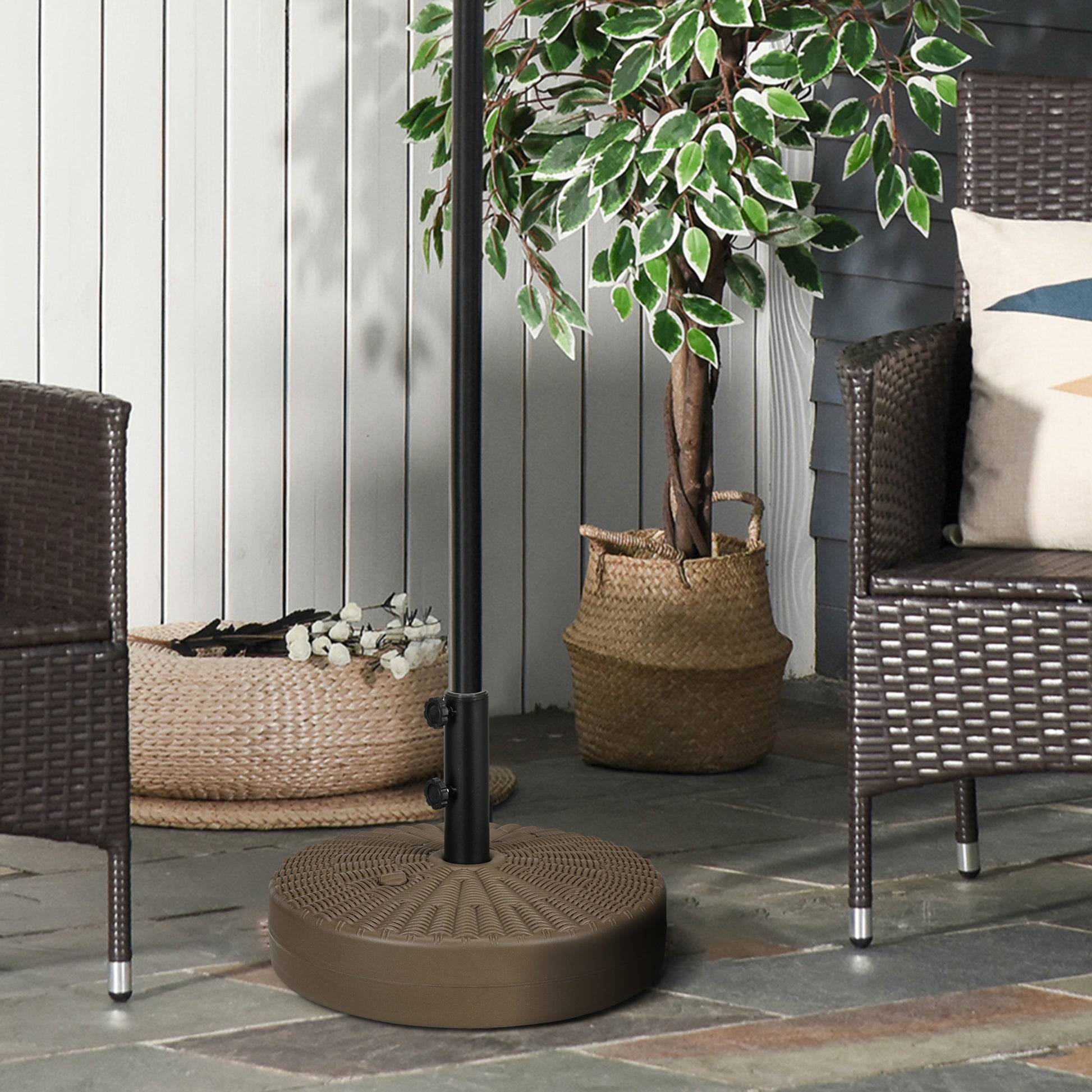 Umbrella Base with Built-in Handles, HDPE and Steel Umbrella Stand with Side Spout, for Umbrella Poles of Ø38/48 mm, Ø51x36 cm, Brown and Black