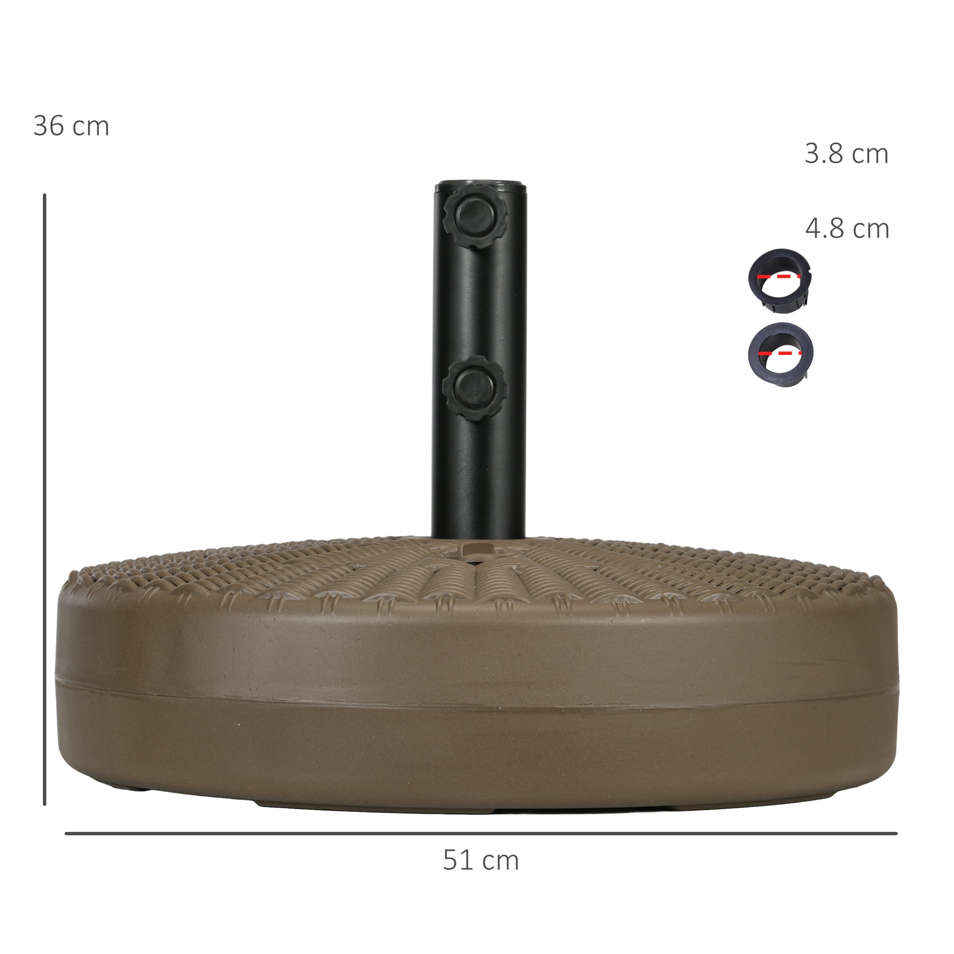 Umbrella Base with Built-in Handles, HDPE and Steel Umbrella Stand with Side Spout, for Umbrella Poles of Ø38/48 mm, Ø51x36 cm, Brown and Black