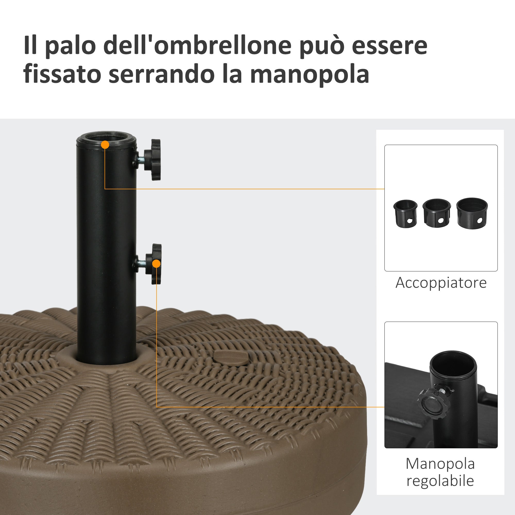 Umbrella Base with Built-in Handles, HDPE and Steel Umbrella Stand with Side Spout, for Umbrella Poles of Ø38/48 mm, Ø51x36 cm, Brown and Black