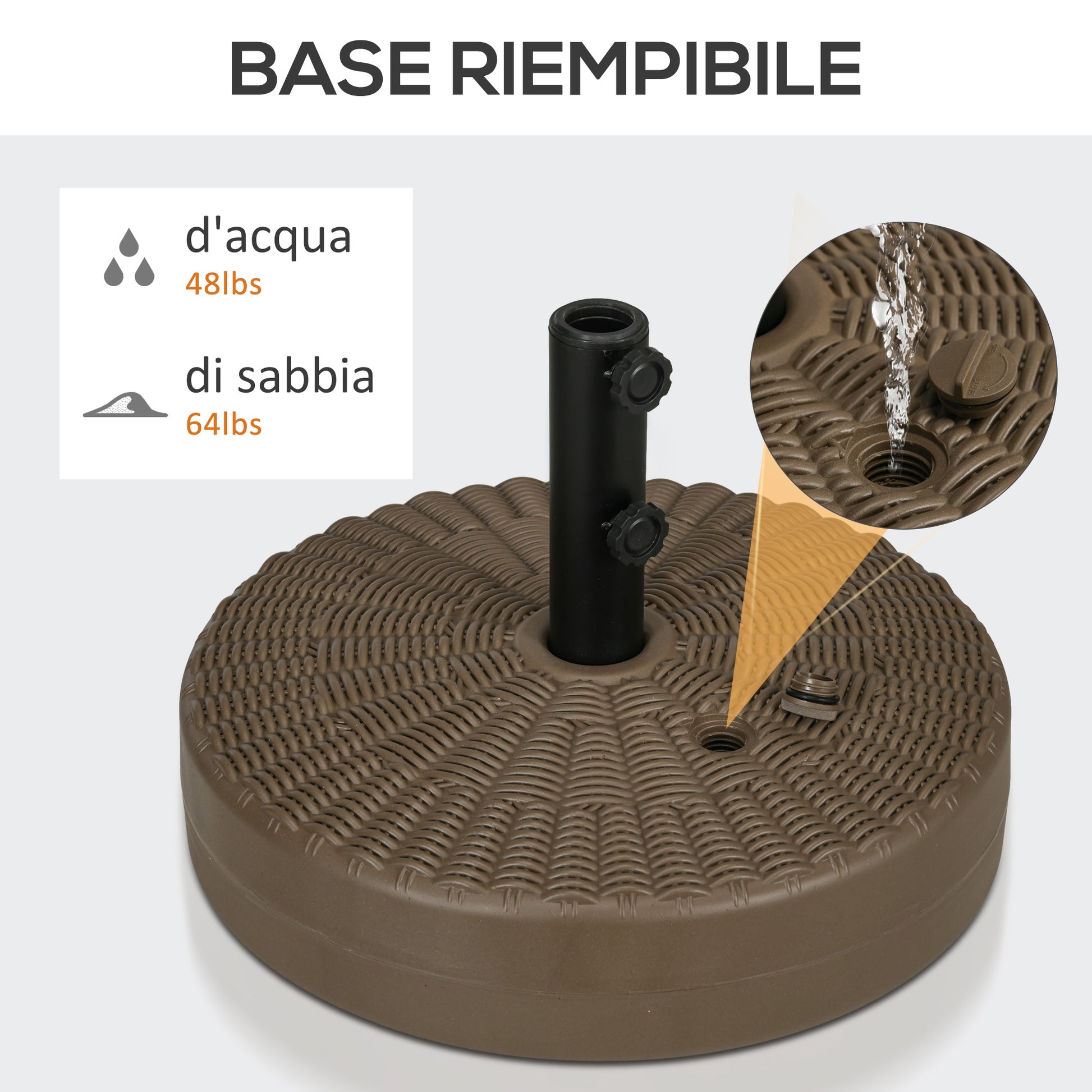 Umbrella Base with Built-in Handles, HDPE and Steel Umbrella Stand with Side Spout, for Umbrella Poles of Ø38/48 mm, Ø51x36 cm, Brown and Black