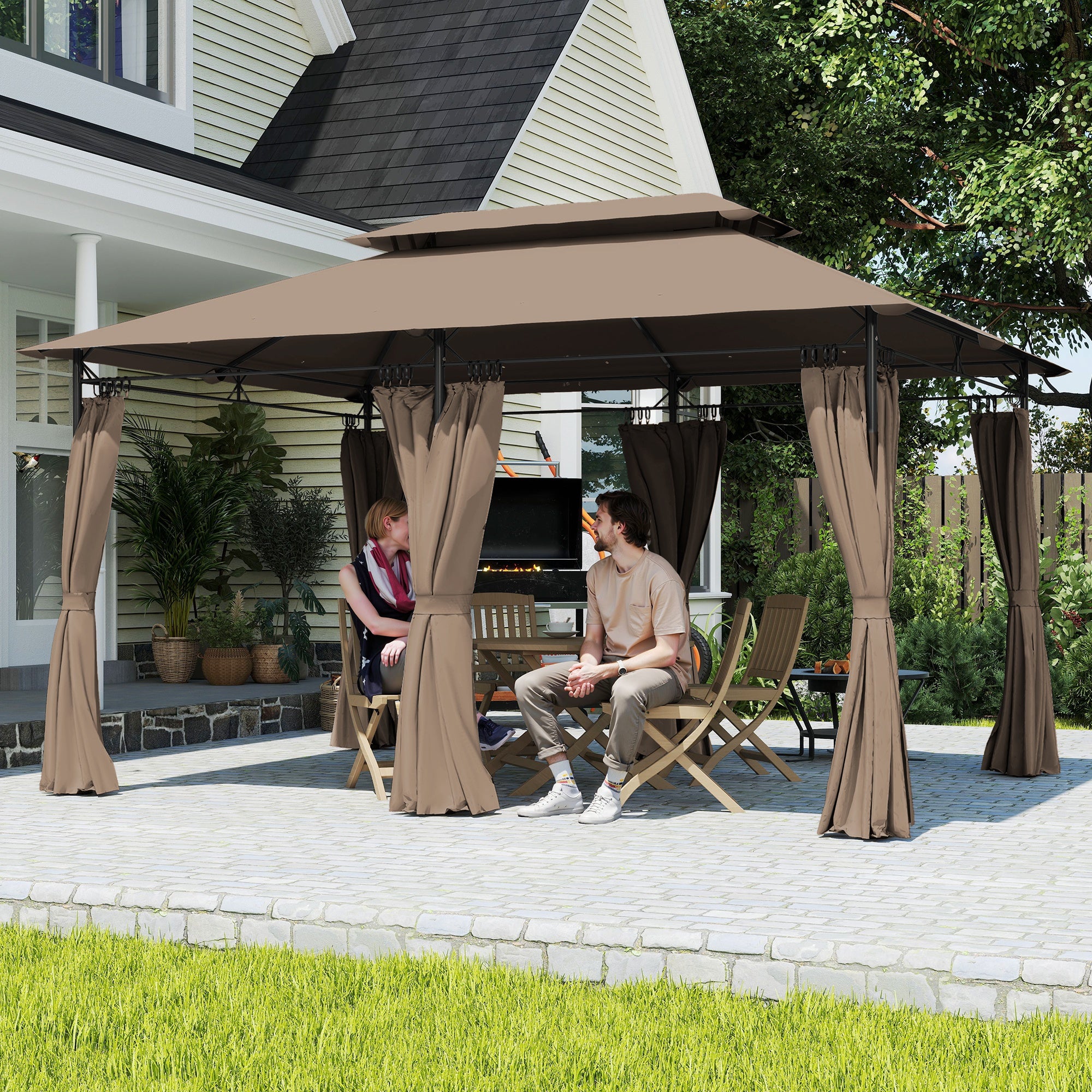 Outdoor Gazebo 13' x 9.8' (4 x 3 m) — Double-Vent Roof, 6 Metal Posts, 12 Drainage Outlets — Khaki
