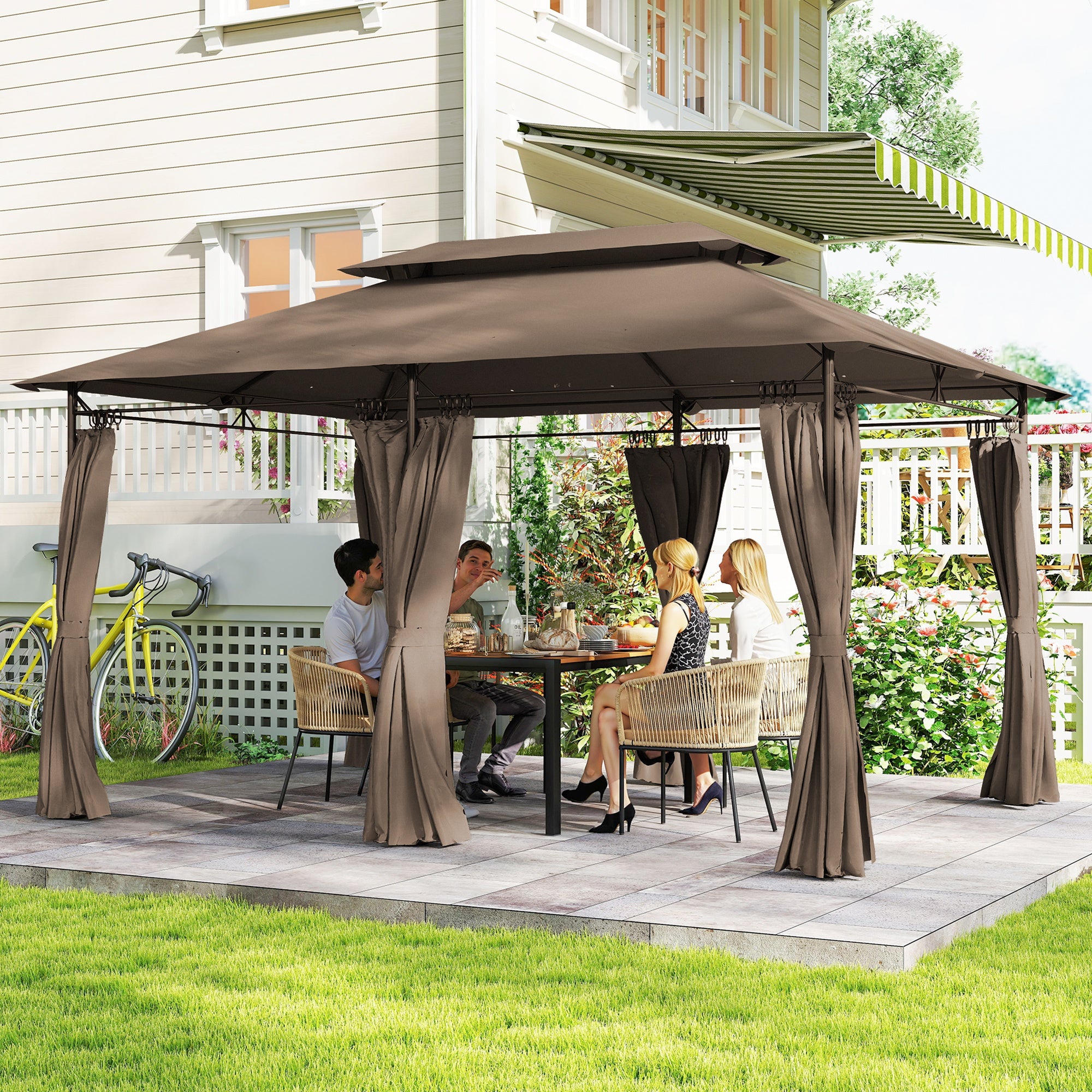 Outdoor Gazebo 13' x 9.8' (4 x 3 m) — Double-Vent Roof, 6 Metal Posts, 12 Drainage Outlets — Khaki