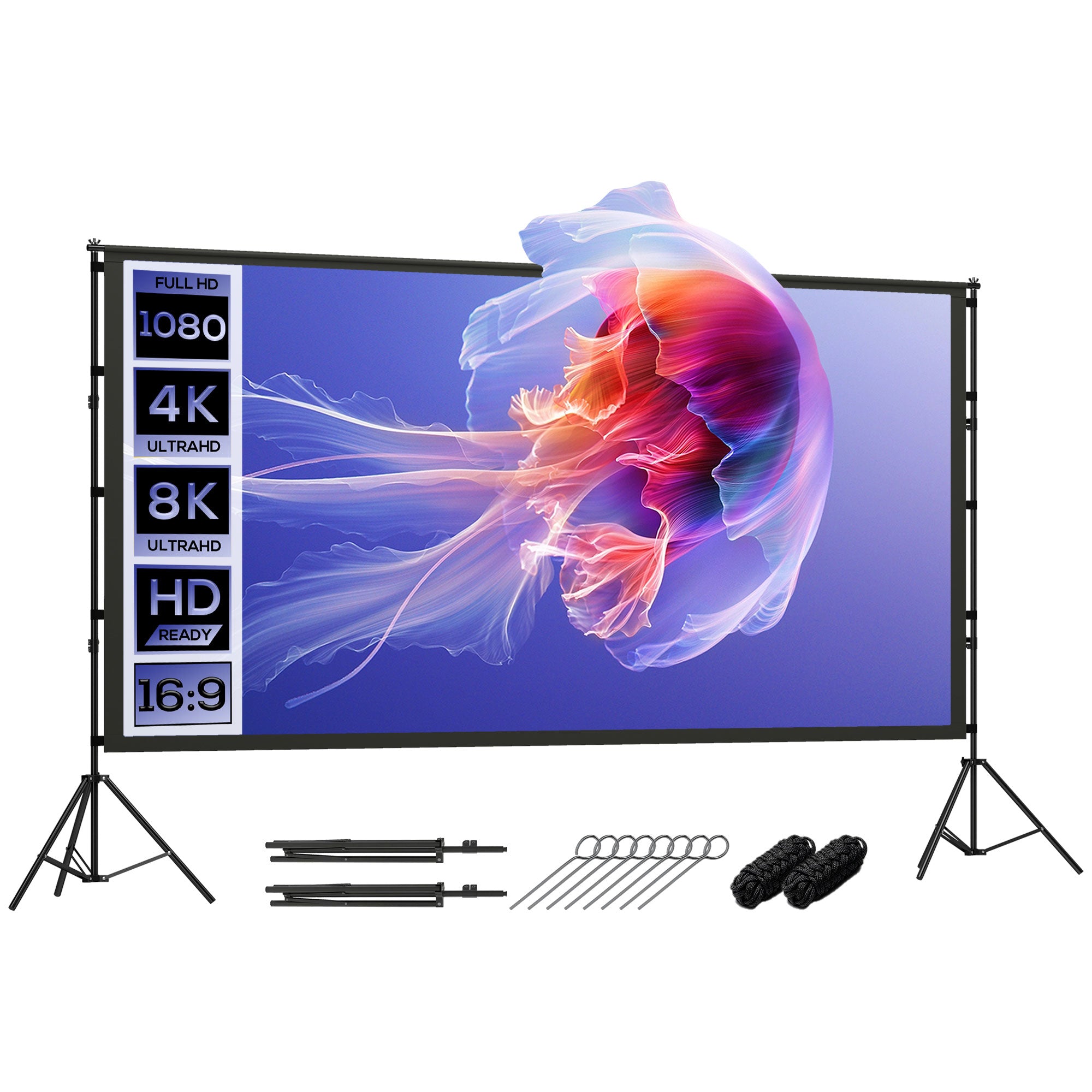 120-inch 16:9 Portable Projection Screen with Dual Tripods, 4K/8K Compatible — 309 x 62 x 217 cm (121.7 x 24.4 x 85.4 in), Double-sided Fabric, 160° Viewing Angle — Home Theater, Office, Travel