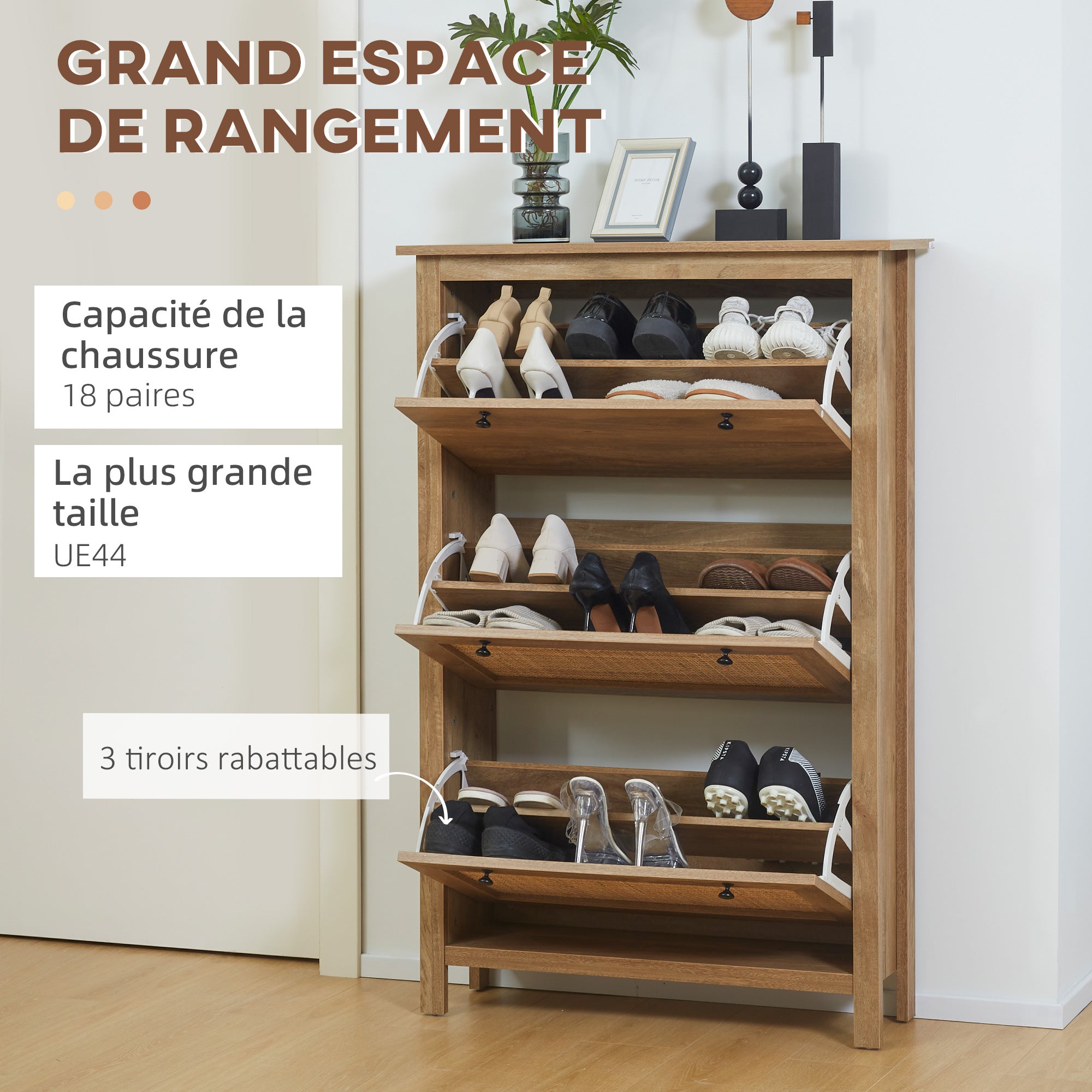 Entryway Shoe Cabinet, Shoe Storage with 3 Drawers with Folding Cane Rattan Doors and Adjustable Shelf, Entryway and Hallway Furniture for 18 Pairs - 80 x 23.5 x 121.5 cm Natural Wood