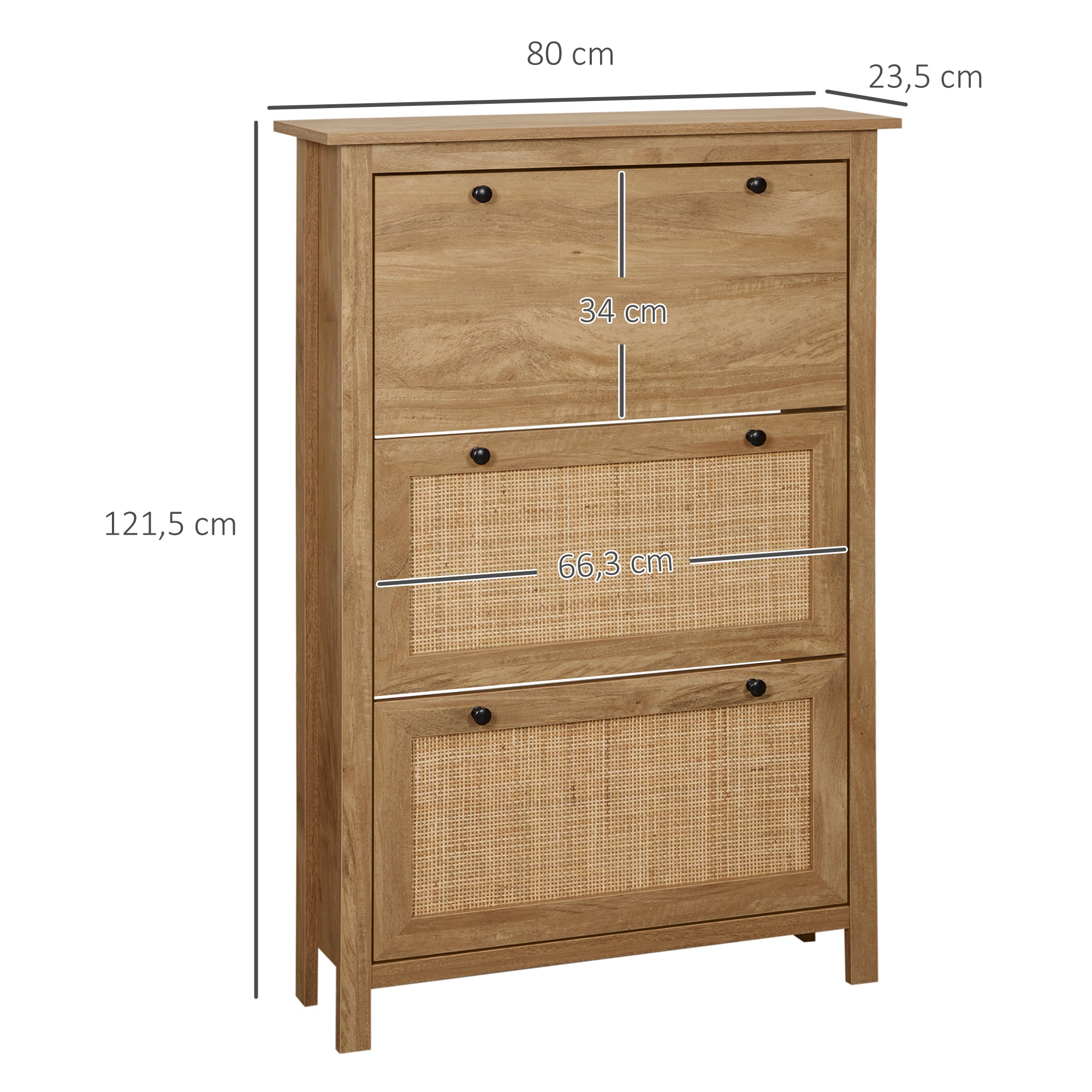 Entryway Shoe Cabinet, Shoe Storage with 3 Drawers with Folding Cane Rattan Doors and Adjustable Shelf, Entryway and Hallway Furniture for 18 Pairs - 80 x 23.5 x 121.5 cm Natural Wood