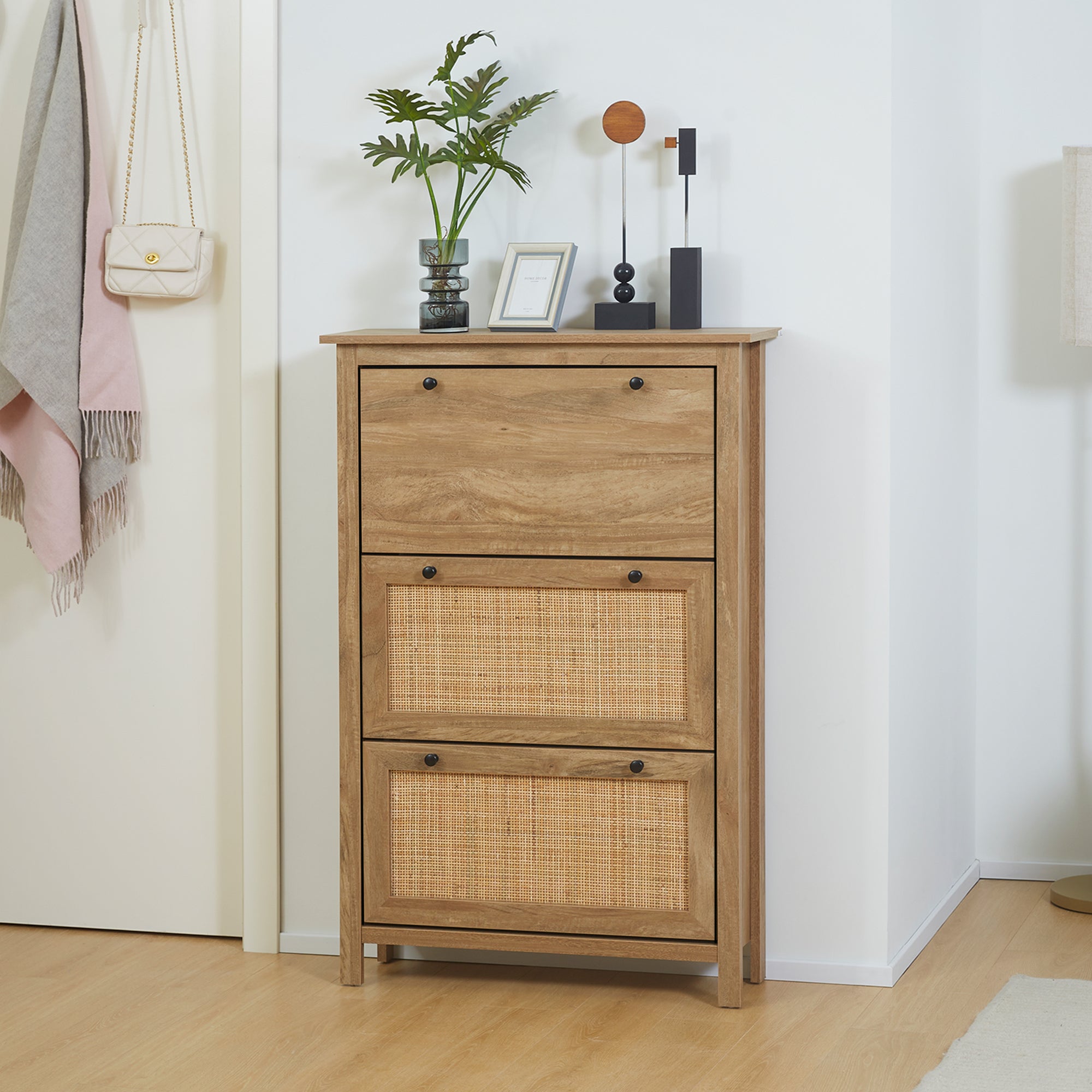 Entryway Shoe Cabinet, Shoe Storage with 3 Drawers with Folding Cane Rattan Doors and Adjustable Shelf, Entryway and Hallway Furniture for 18 Pairs - 80 x 23.5 x 121.5 cm Natural Wood