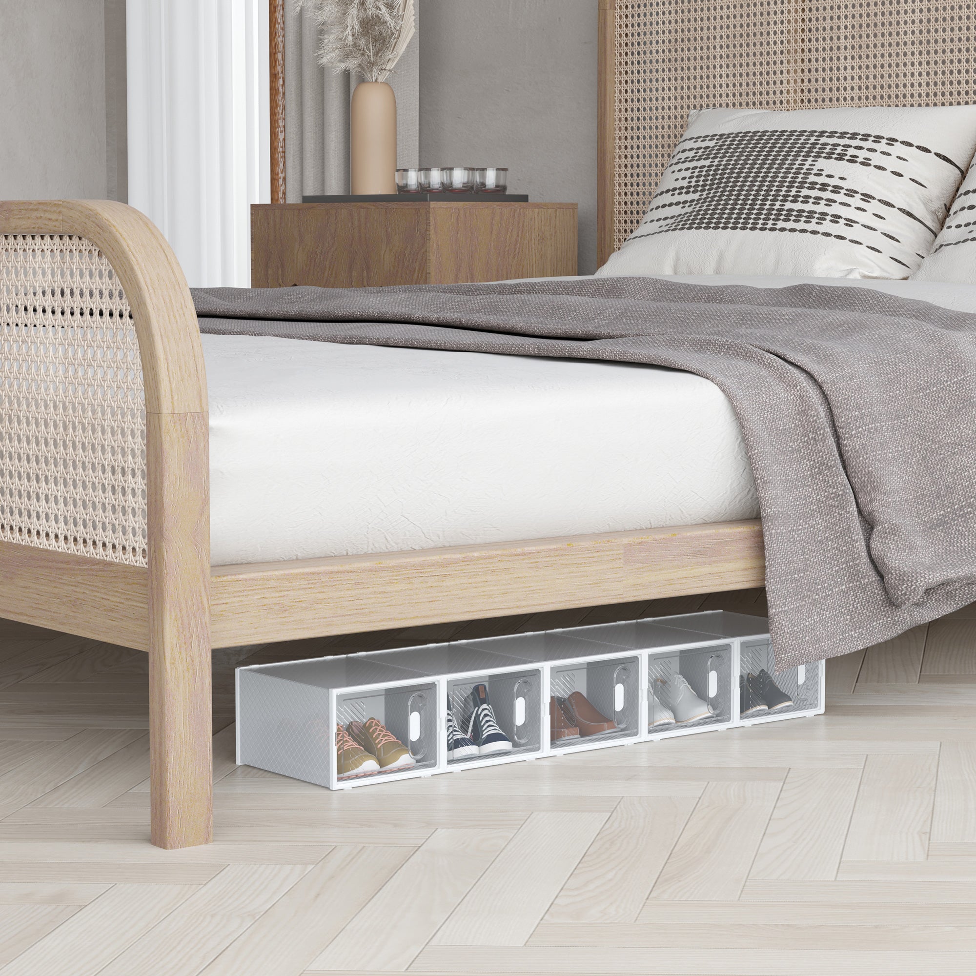 8-Piece Shoe Boxes Set, Shoe Organizer with Magnetic Doors, Shoe Box with Lid, Plastic Shoe Storage for Shoes up to Size 45, Transparent+White