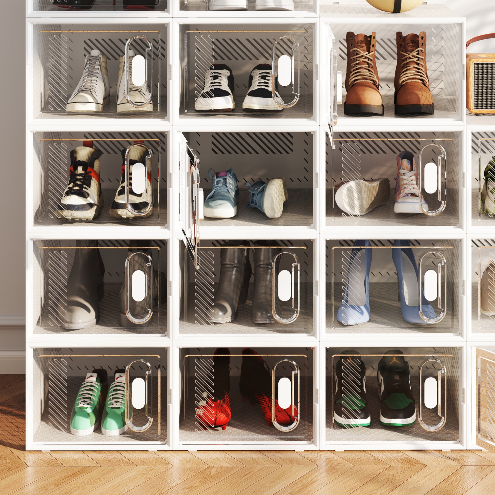 8-Piece Shoe Boxes Set, Shoe Organizer with Magnetic Doors, Shoe Box with Lid, Plastic Shoe Storage for Shoes up to Size 45, Transparent+White