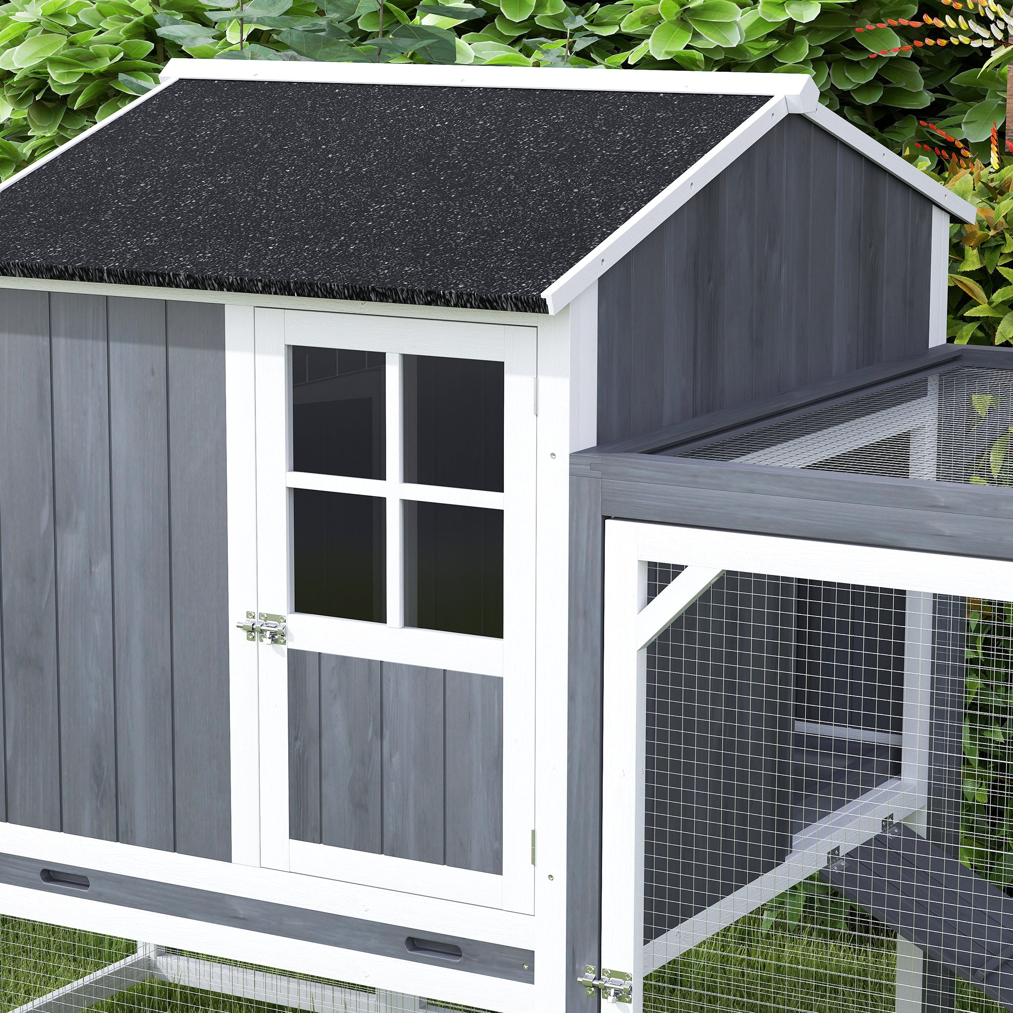 Chicken Coop, 236.5 x 91 x 114 cm Chicken Run with Nesting Box, Outdoor Run, Chicken House Made of Wood with 2 Perches, Waterproof Paint, for 3-4 Chickens, Gray