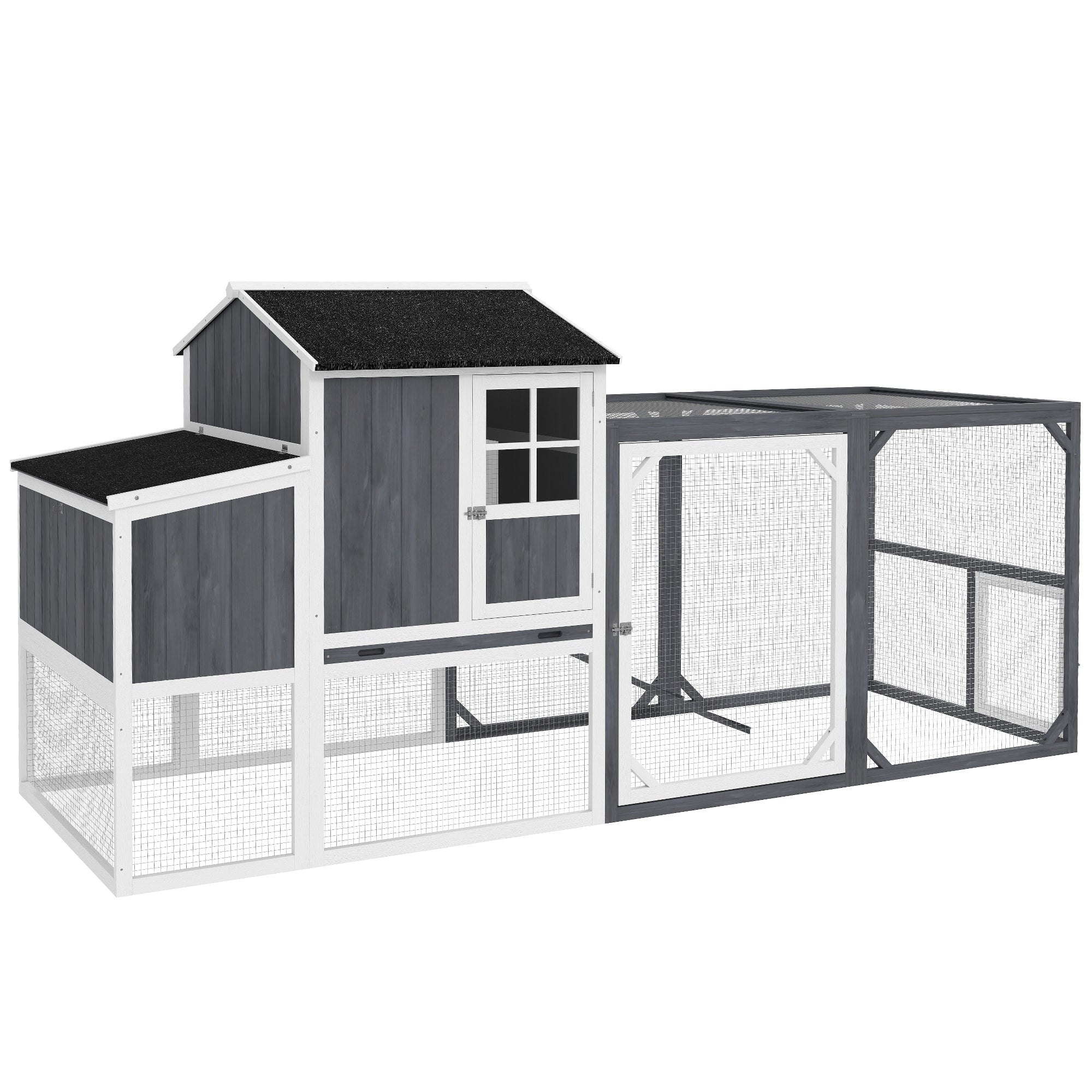 Chicken Coop, 236.5 x 91 x 114 cm Chicken Run with Nesting Box, Outdoor Run, Chicken House Made of Wood with 2 Perches, Waterproof Paint, for 3-4 Chickens, Gray