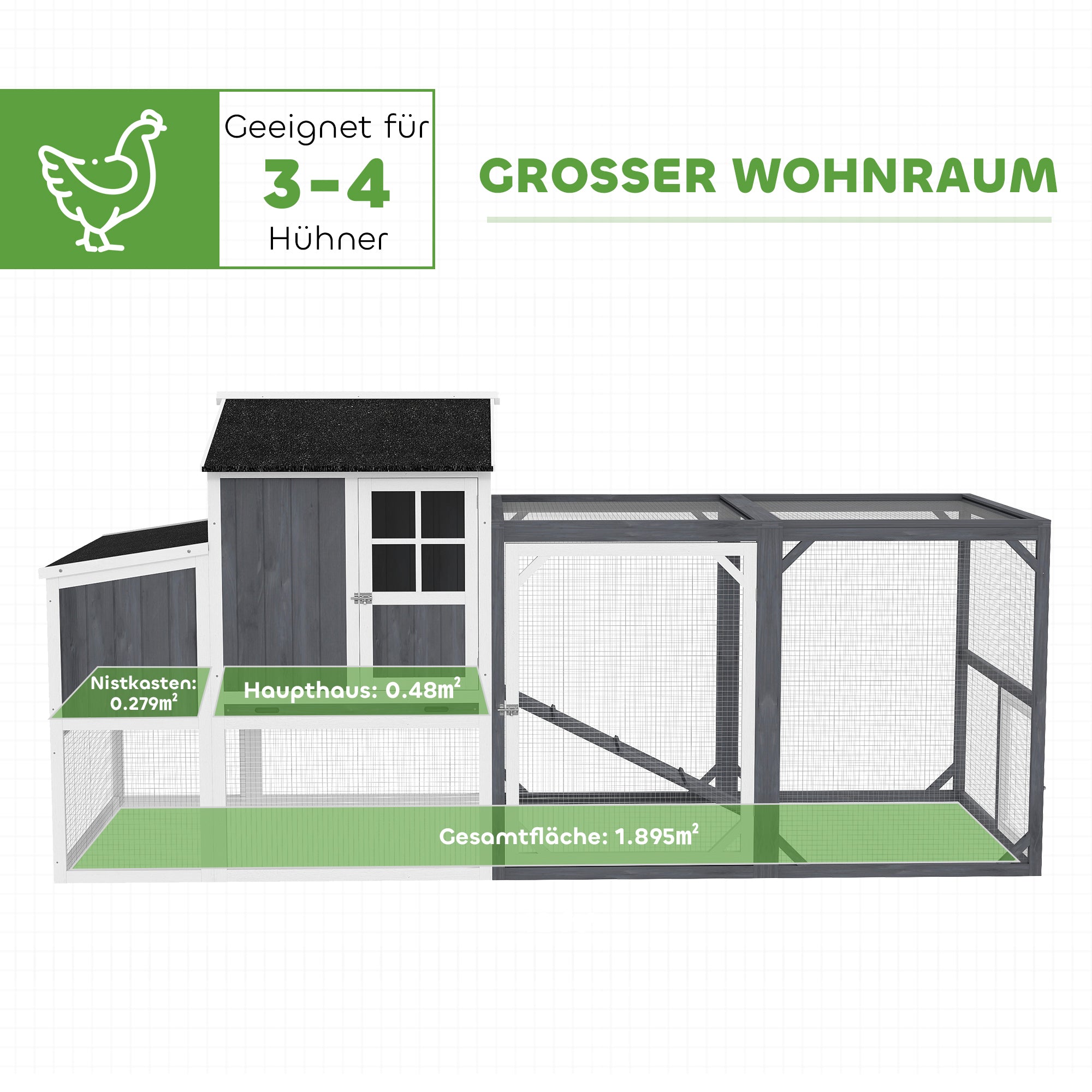 Chicken Coop, 236.5 x 91 x 114 cm Chicken Run with Nesting Box, Outdoor Run, Chicken House Made of Wood with 2 Perches, Waterproof Paint, for 3-4 Chickens, Gray