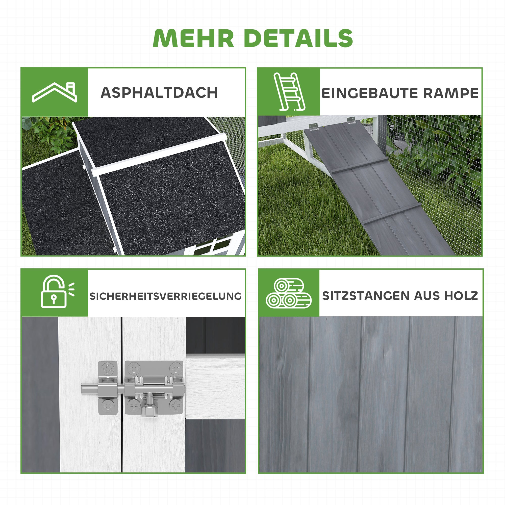 Chicken Coop, 236.5 x 91 x 114 cm Chicken Run with Nesting Box, Outdoor Run, Chicken House Made of Wood with 2 Perches, Waterproof Paint, for 3-4 Chickens, Gray