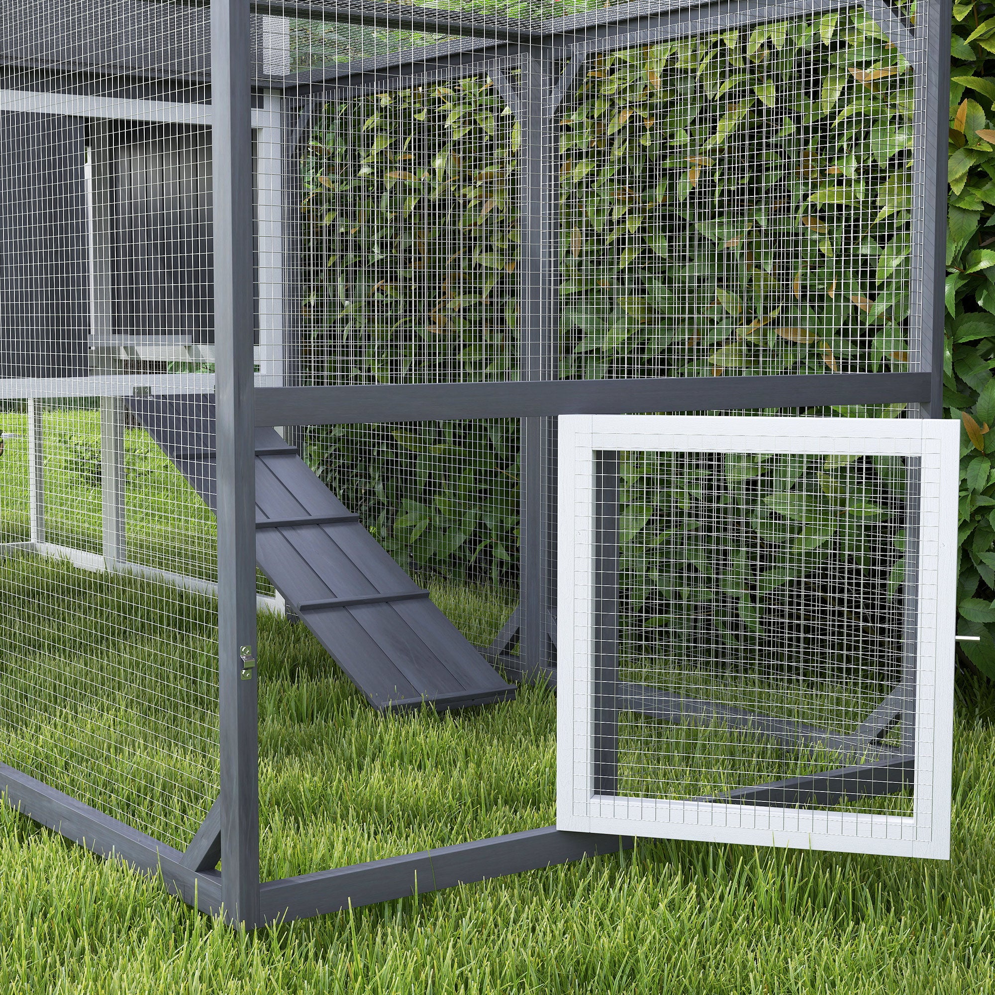 Chicken Coop, 236.5 x 91 x 114 cm Chicken Run with Nesting Box, Outdoor Run, Chicken House Made of Wood with 2 Perches, Waterproof Paint, for 3-4 Chickens, Gray