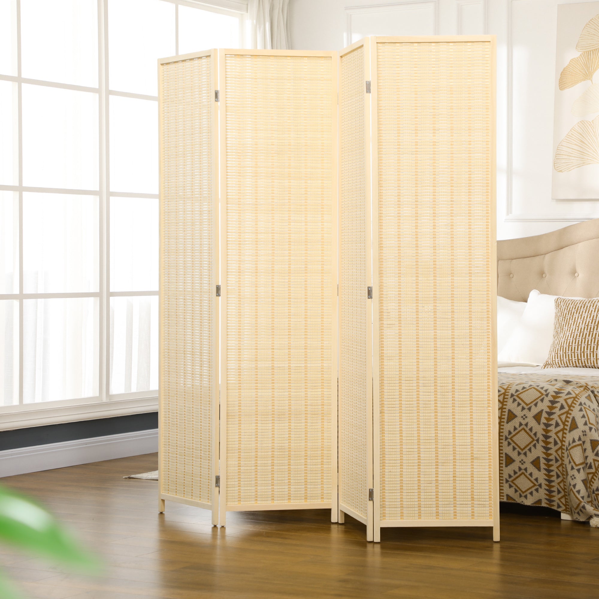 4-panel 180 x 180 cm Room Divider Privacy Screen Partition made of Bamboo, Foldable Soundproof Room Divider for Living Room Natural