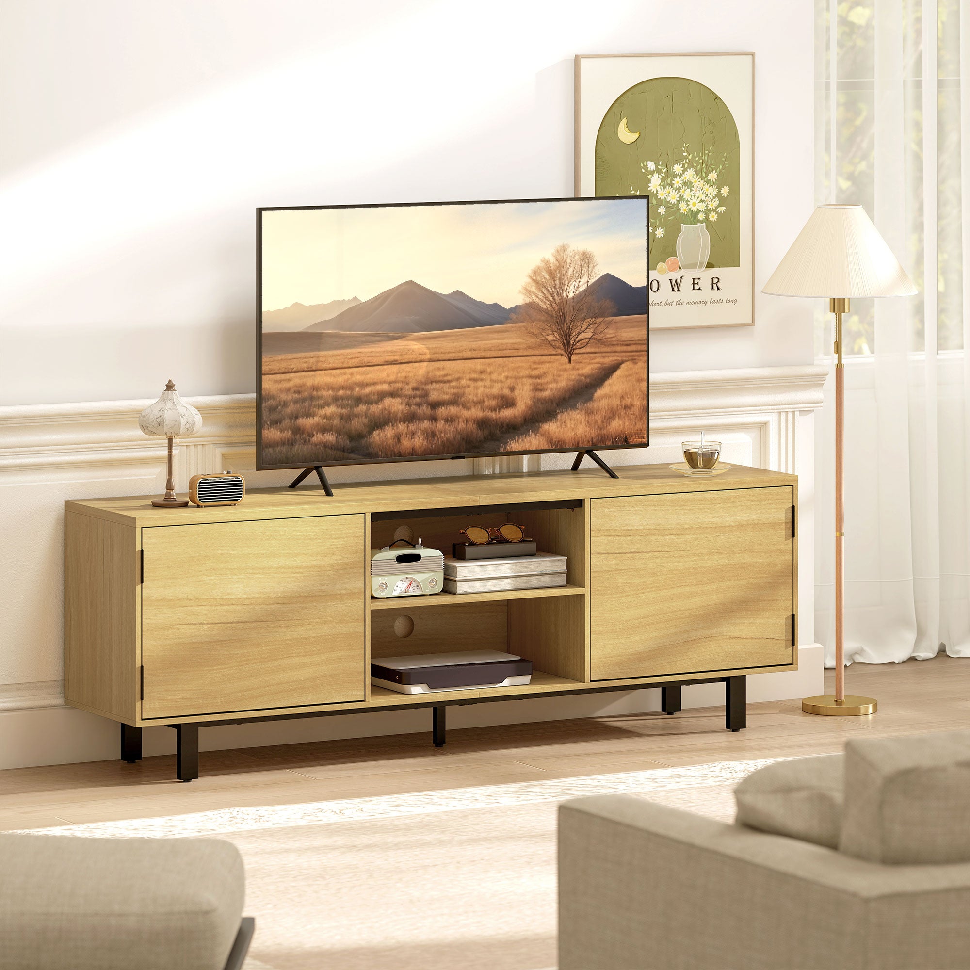 63" TV Stand – Fits up to 65" TVs, 2 Push-to-Open Doors & 2 Open Shelves, Metal Legs, Natural Wood Finish