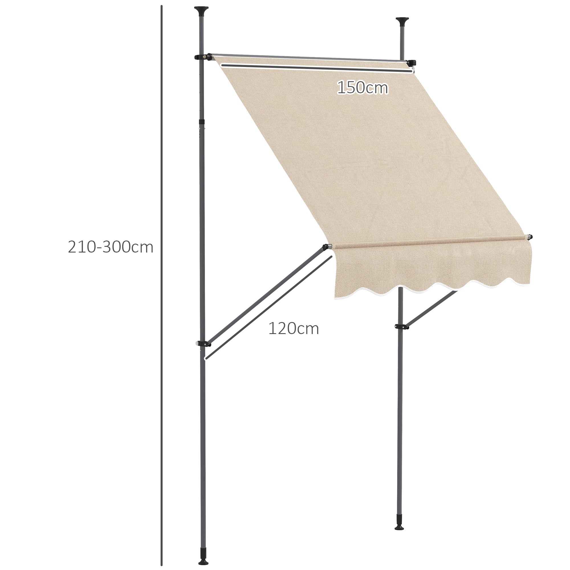 Freestanding Manual Retractable Awning 1.5L x 1.2W x 2.1-3H m Adjustable Tilt for Balcony without Drilling Holes Metal Aluminum Polyester Sand