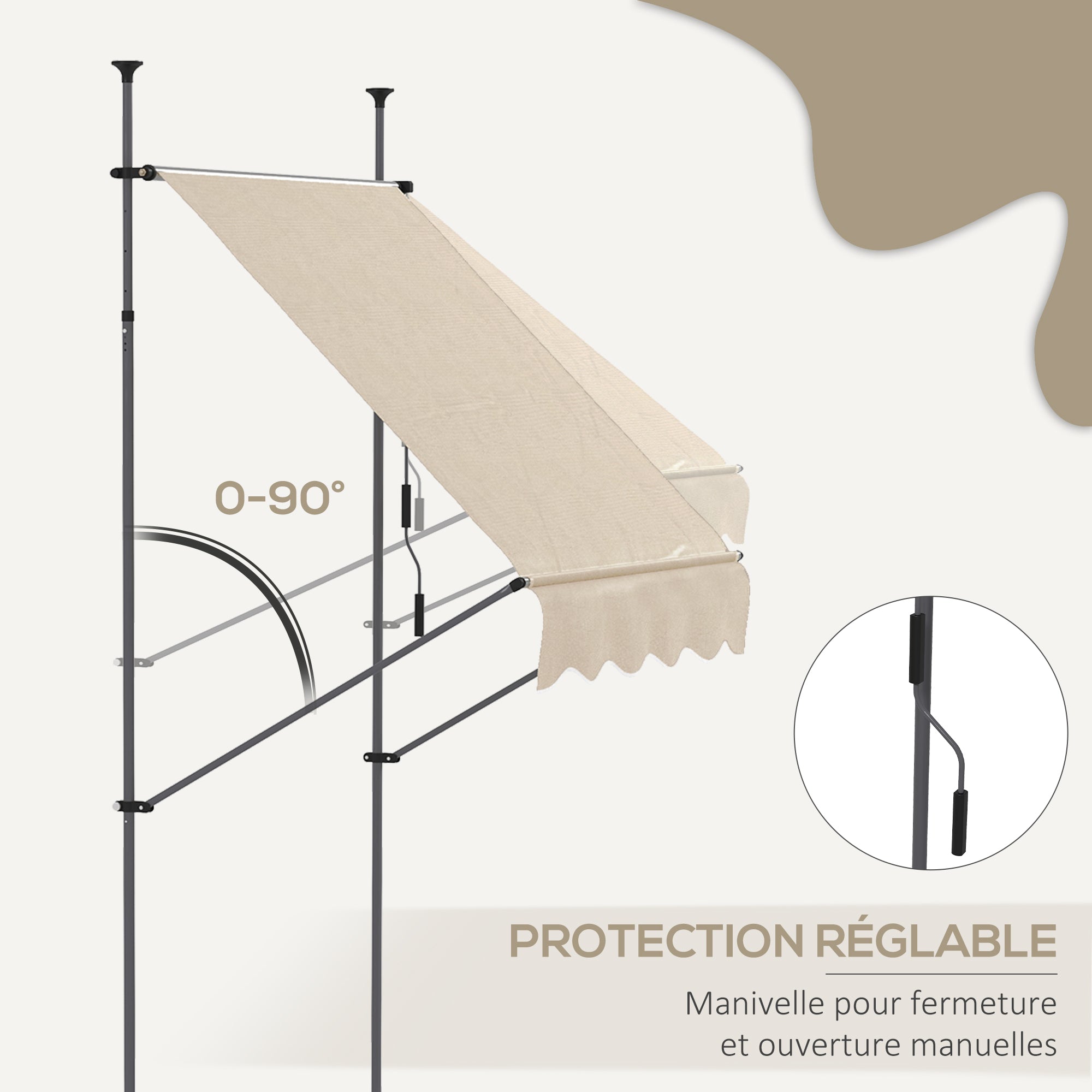 Freestanding Manual Retractable Awning 1.5L x 1.2W x 2.1-3H m Adjustable Tilt for Balcony without Drilling Holes Metal Aluminum Polyester Sand