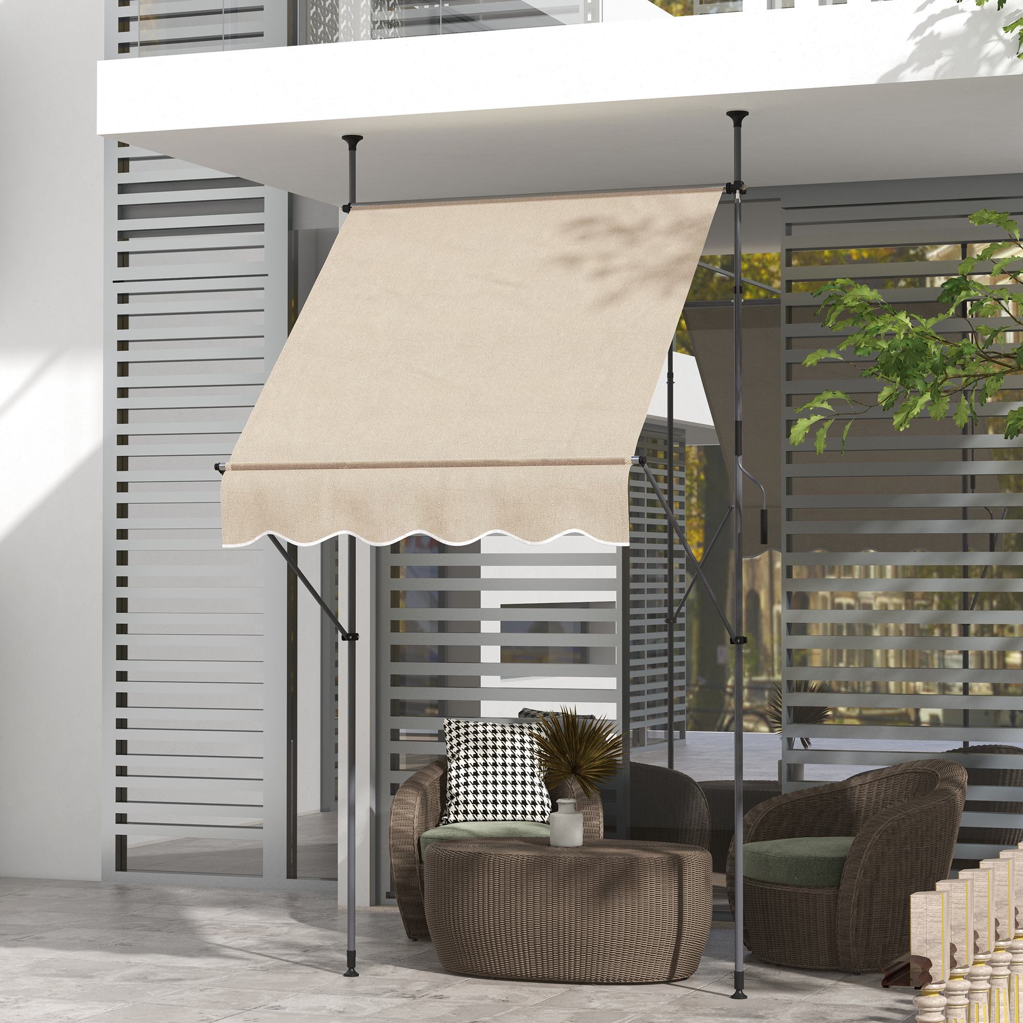 Freestanding Manual Retractable Awning 1.5L x 1.2W x 2.1-3H m Adjustable Tilt for Balcony without Drilling Holes Metal Aluminum Polyester Sand