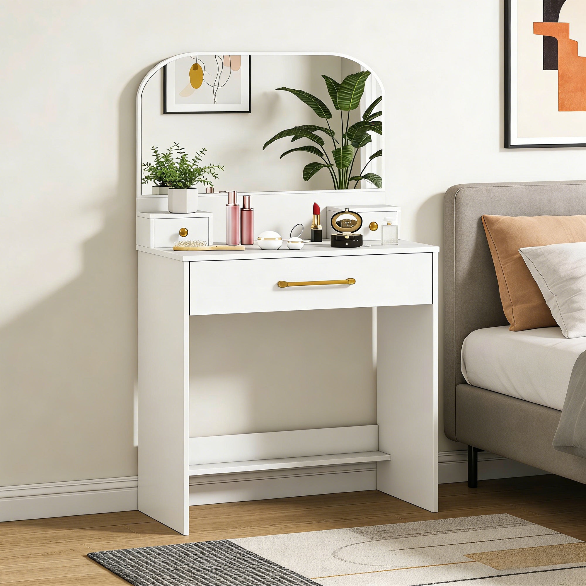 Curved-Mirror Vanity Table, 3-Drawer Makeup Desk for Small Spaces, White, 31.5 x 15.7 x 53.1 in