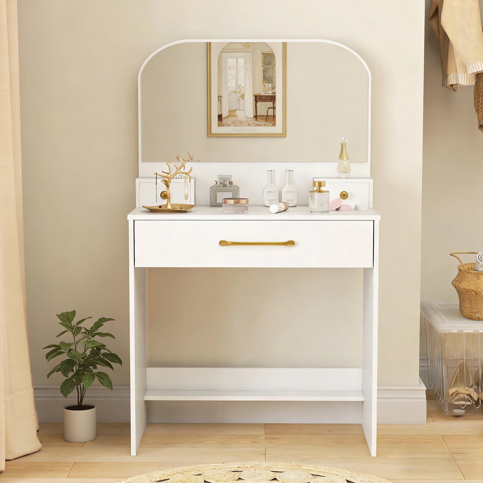 Curved-Mirror Vanity Table, 3-Drawer Makeup Desk for Small Spaces, White, 31.5 x 15.7 x 53.1 in
