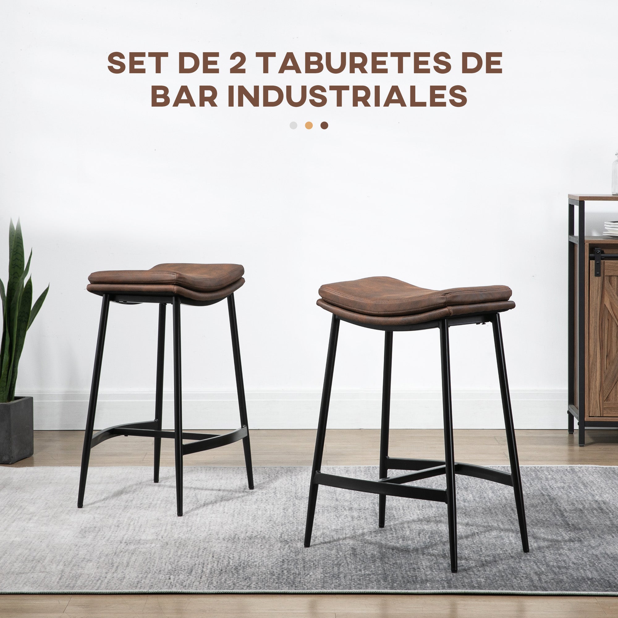 Set of 2 High Kitchen Stools High Kitchen Chairs without Backrest with Industrial Style Steel Structure Load 120 kg for Bar Living Room Dining Room Brown