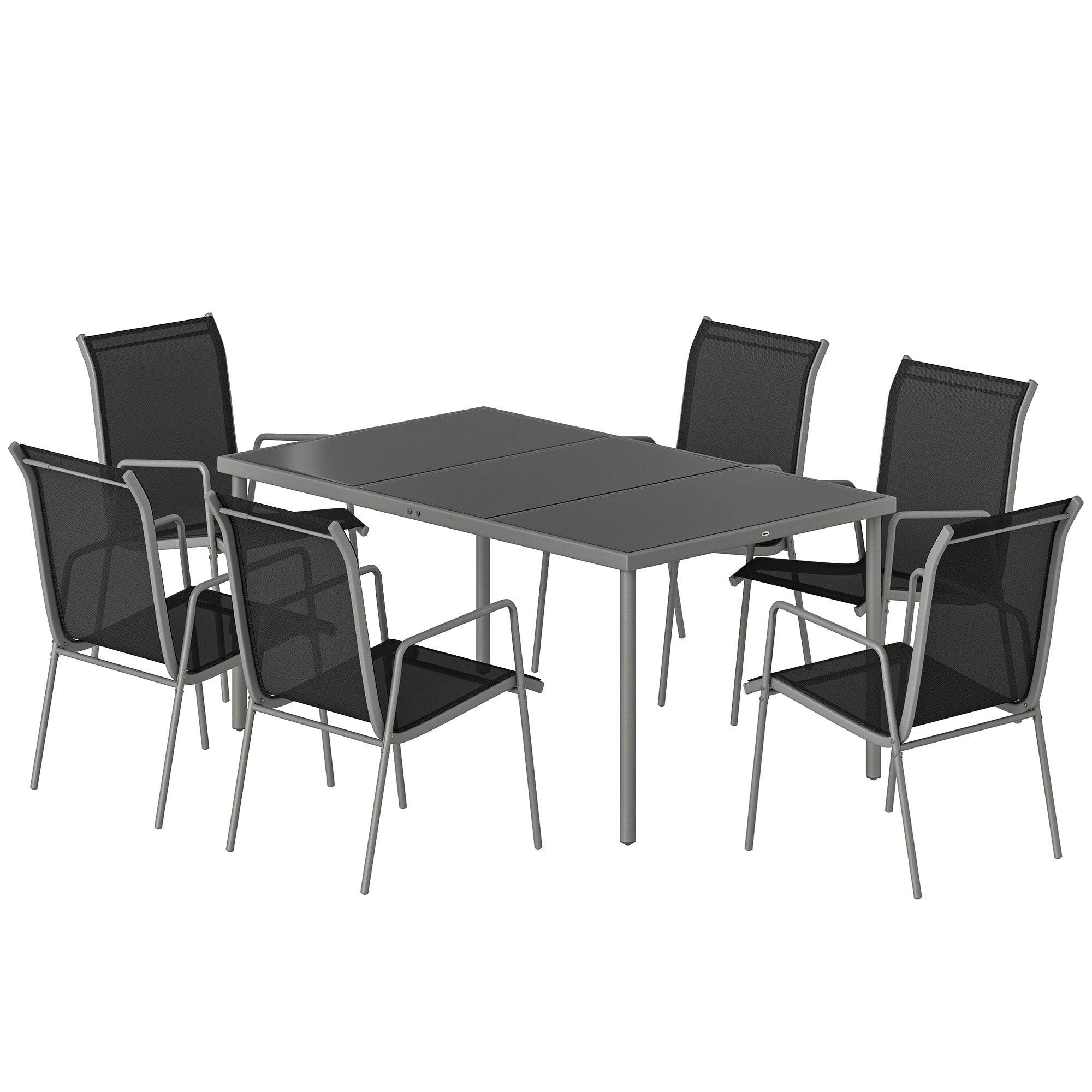 7-Piece Outdoor Dining Set – Tempered Glass Table with 6 Stackable Breathable Chairs, Weather-Resistant Powder-Coated Metal Frame, Black & Silver