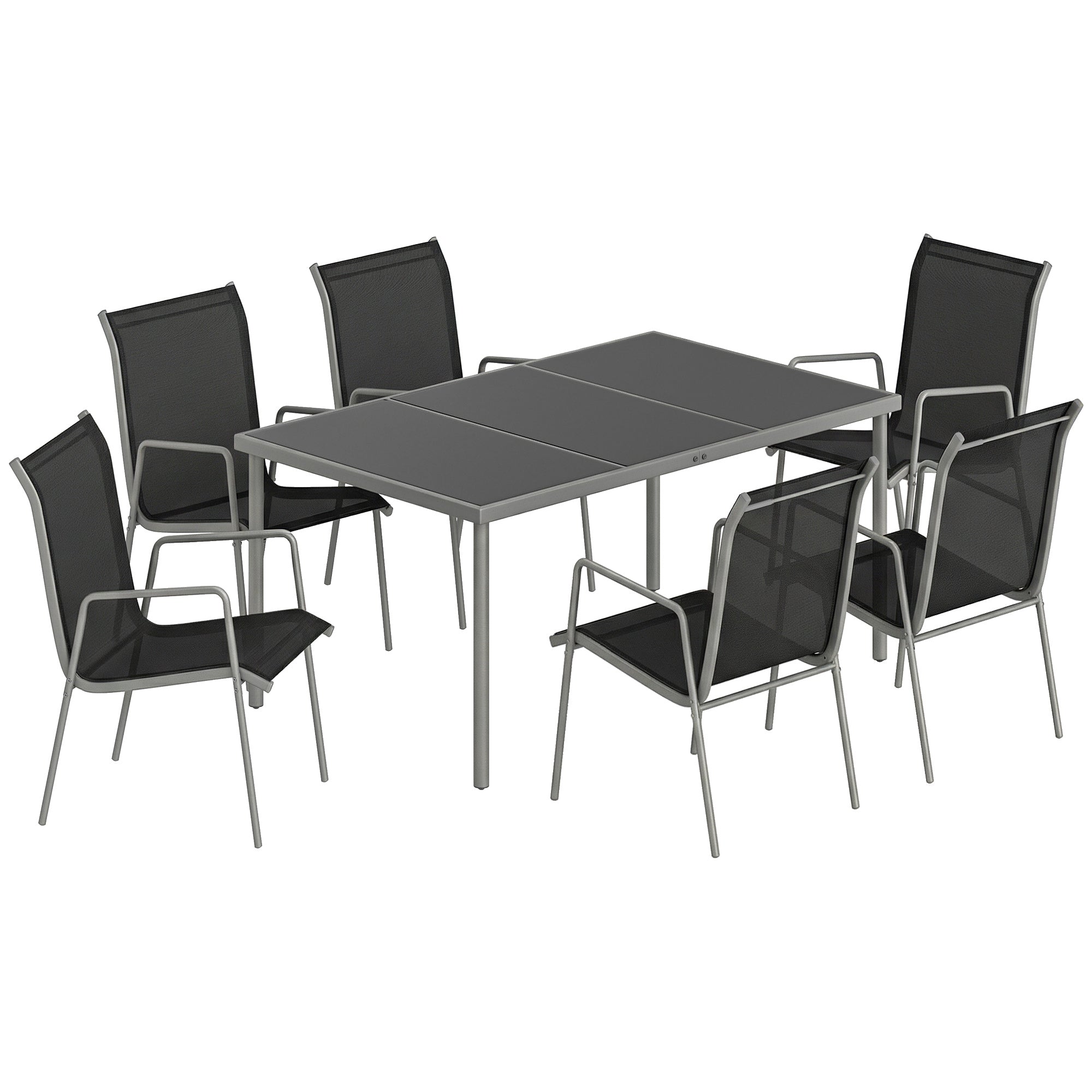7-Piece Outdoor Dining Set – Tempered Glass Table with 6 Stackable Breathable Chairs, Weather-Resistant Powder-Coated Metal Frame, Black & Silver