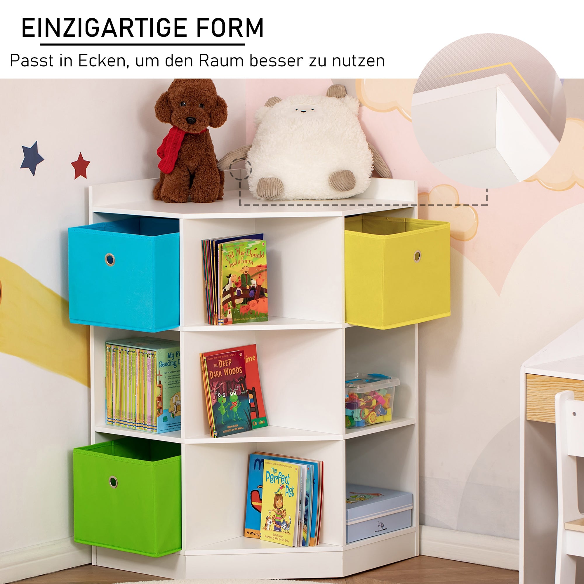 Children's Shelves Corner Shelf with 3 Storage Boxes Kids Room Toy Storage for 3-12 Years Kids White 57.4 x 57.4 x 94 cm