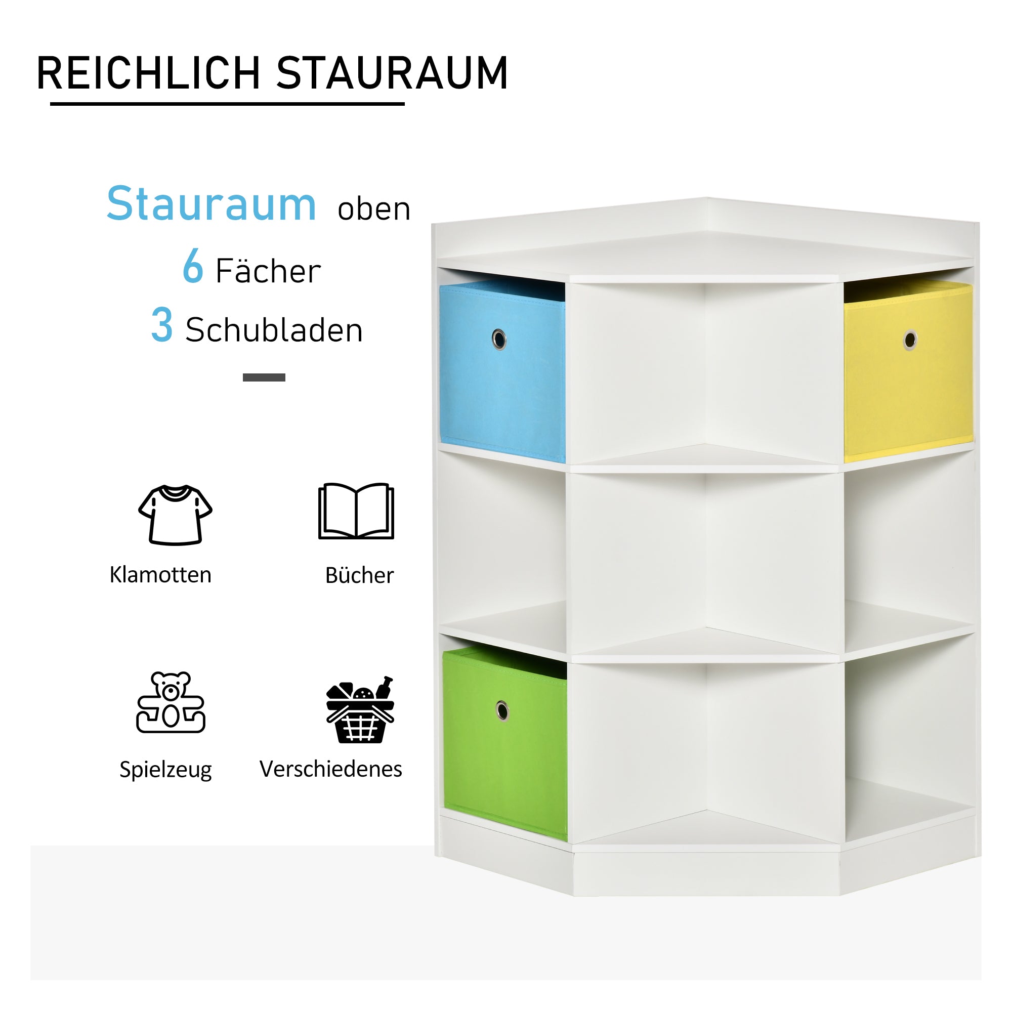 Children's Shelves Corner Shelf with 3 Storage Boxes Kids Room Toy Storage for 3-12 Years Kids White 57.4 x 57.4 x 94 cm