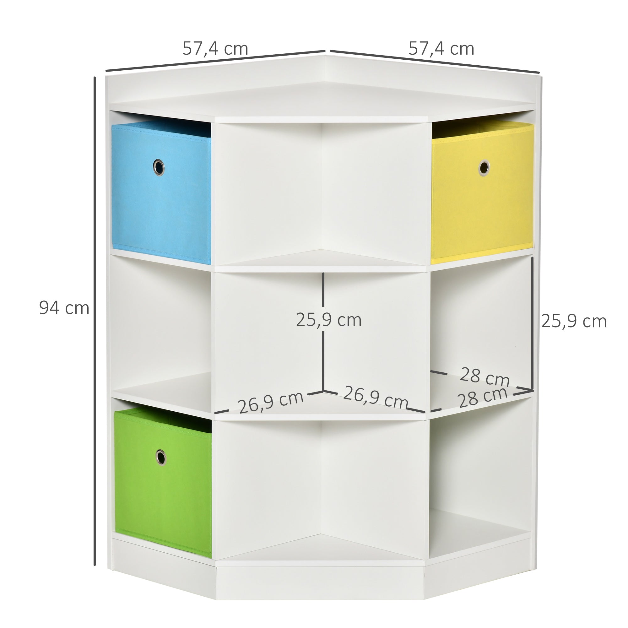 Children's Shelves Corner Shelf with 3 Storage Boxes Kids Room Toy Storage for 3-12 Years Kids White 57.4 x 57.4 x 94 cm
