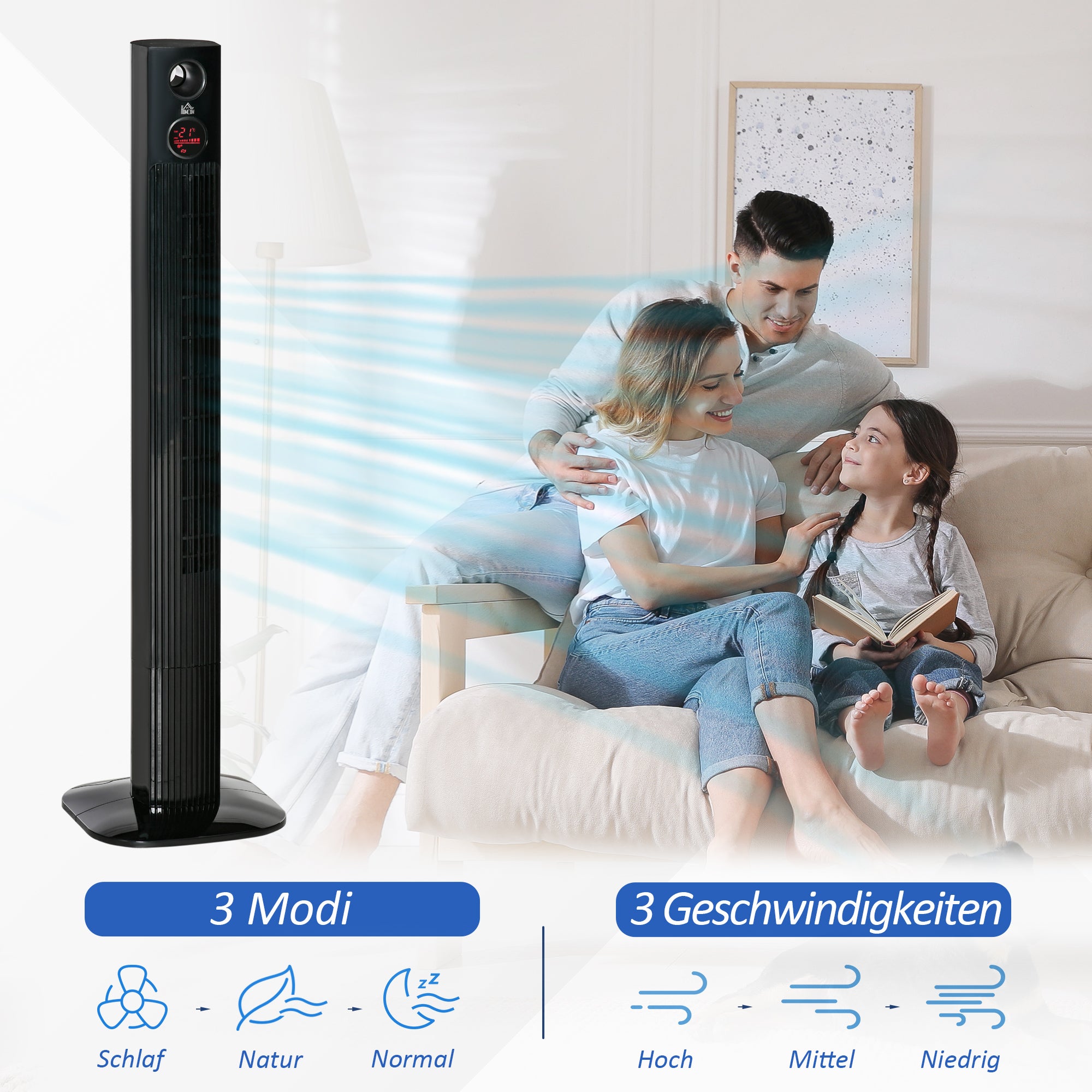 Tower Fan with Remote Control 45W 70° Oscillation Column Fan Fan with Aroma Diffuser Timer Function 3 Ventilation Levels Black